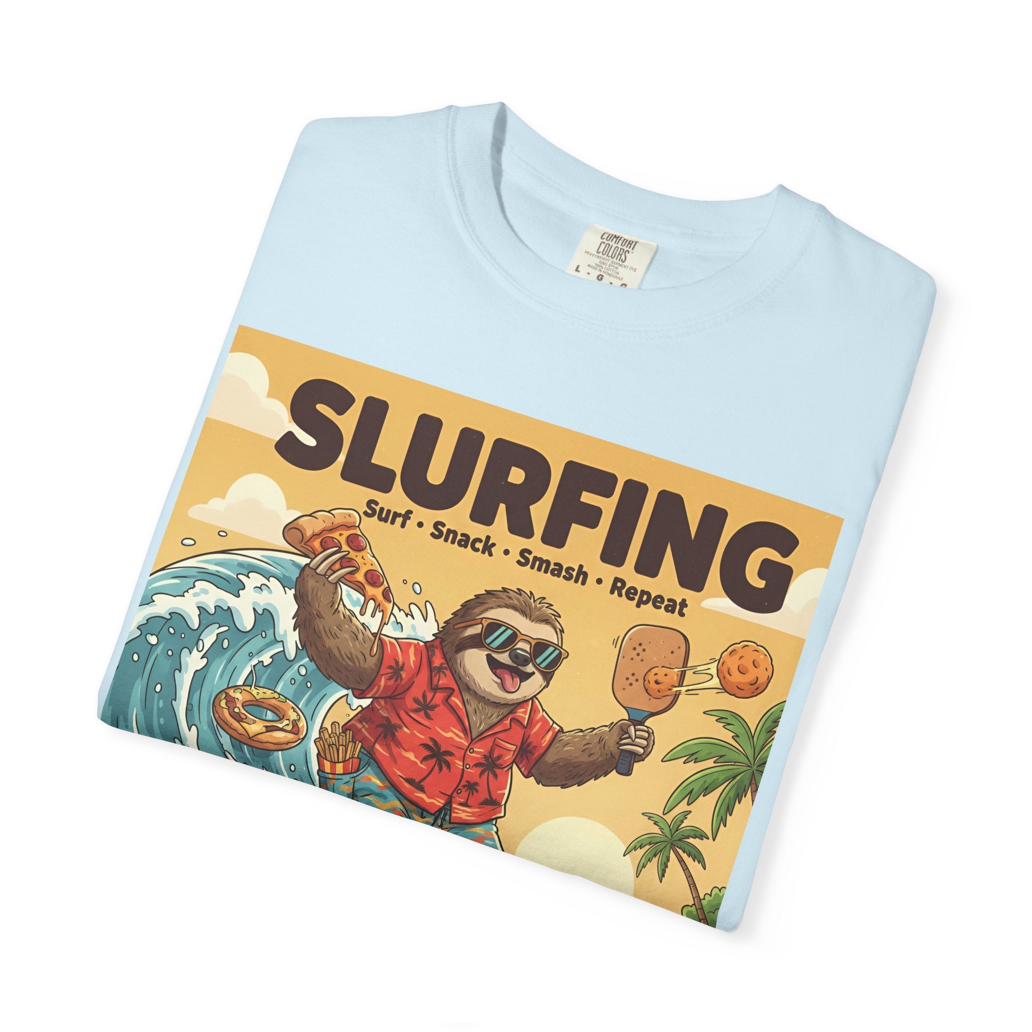 Slurfing Surfing Sloth T-Shirt | Retro Beach Wave Illustration