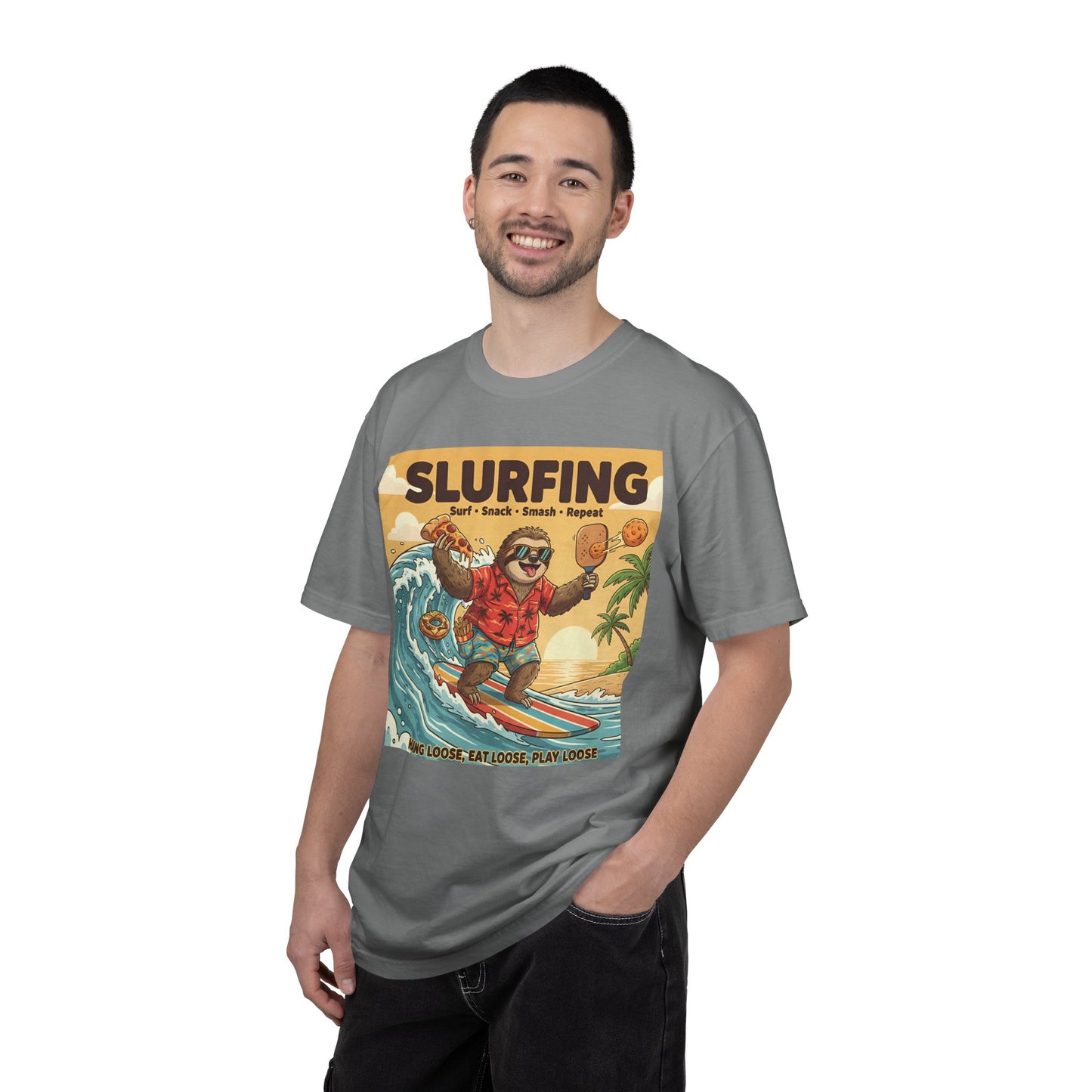 Slurfing Surfing Sloth T-Shirt | Retro Beach Wave Illustration