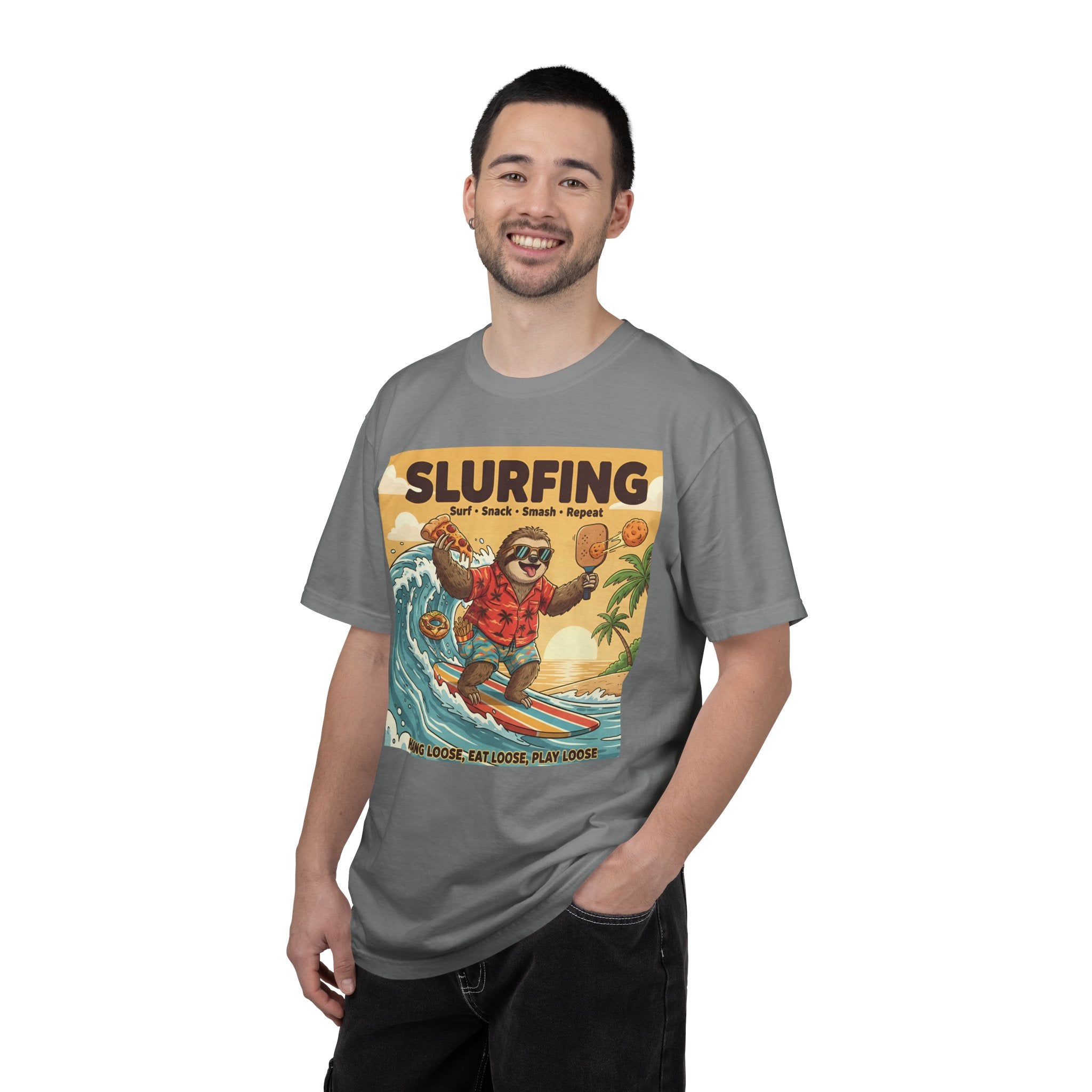 Slurfing Surfing Sloth T-Shirt | Retro Beach Wave Illustration
