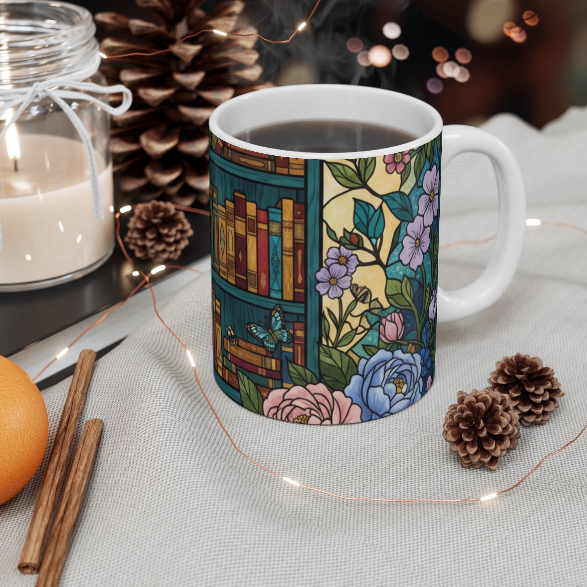 Floral Bookcase Mug | Library Bookshelf Ceramic Coffee Cup