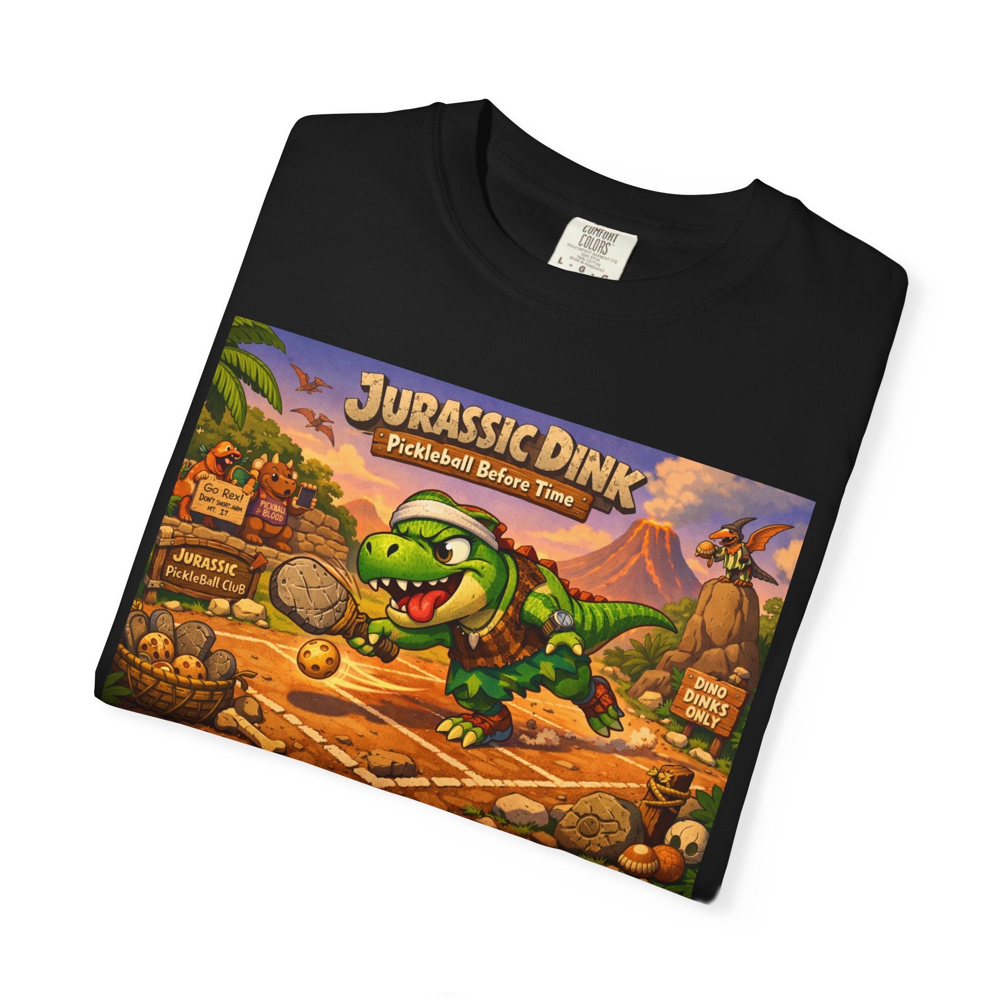 Jurassic Dink Pickleball Dinosaur Arcade Poster T-Shirt | Retro Video Game Shirt