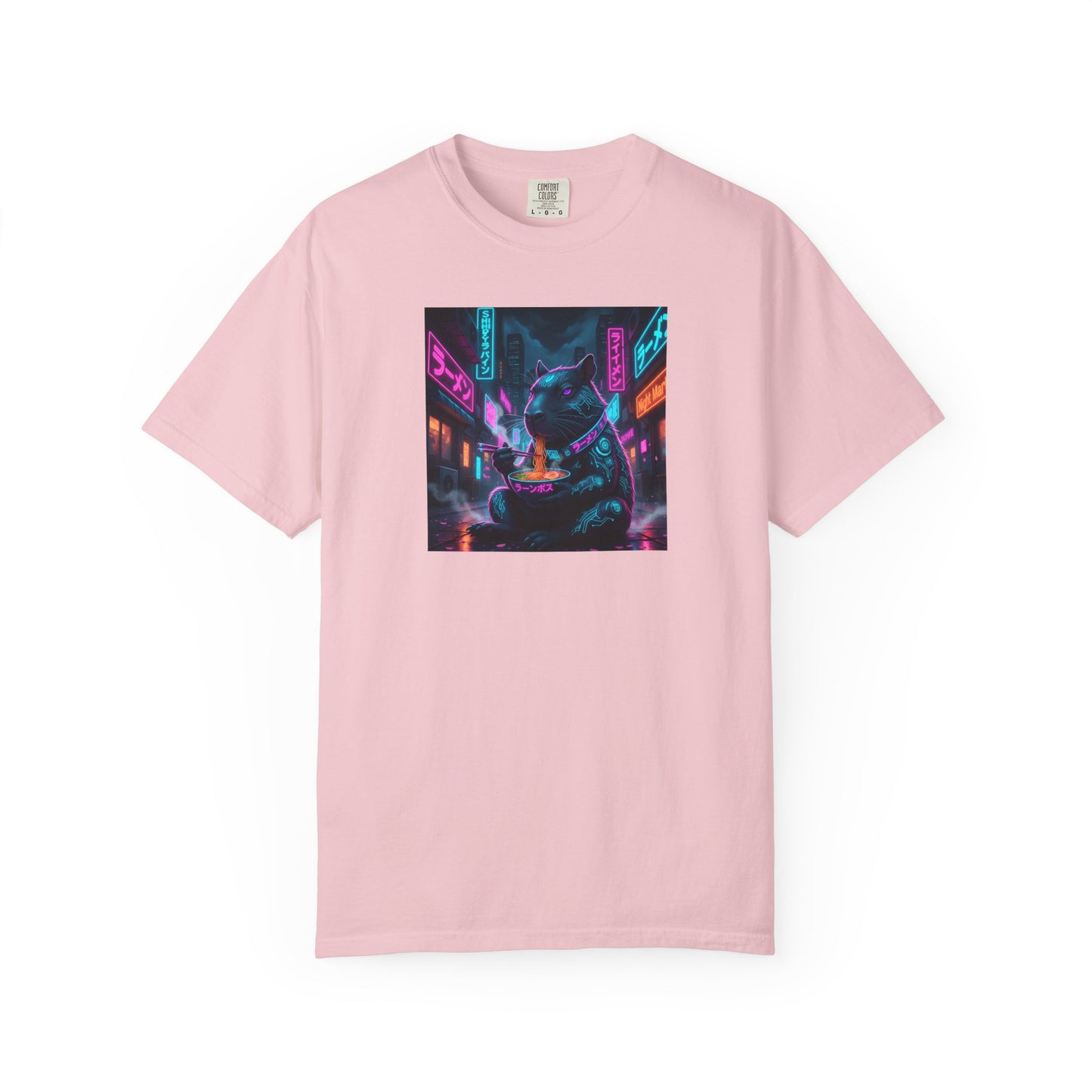 Neon Cyberpunk Capybara Cityscape T-Shirt | Futuristic Night Street Art