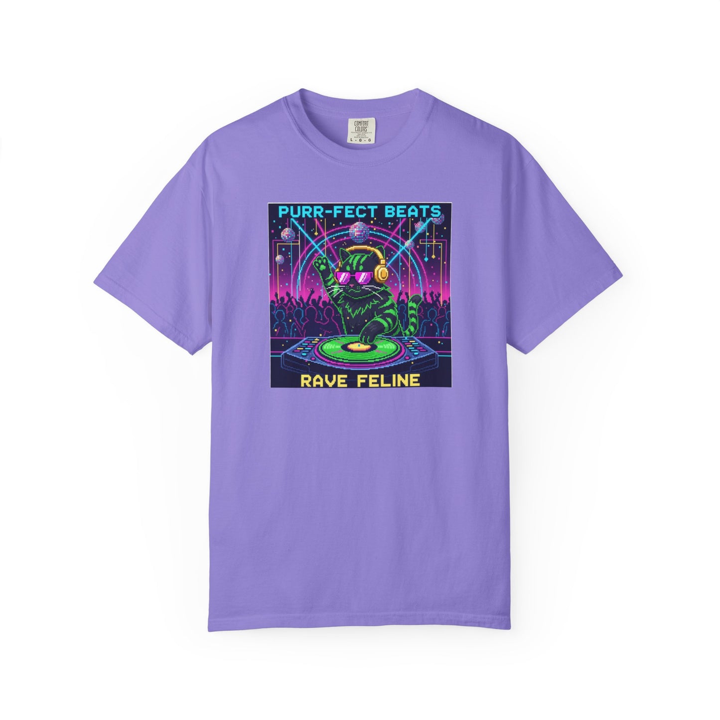 Purr-fect Beats Rave Feline DJ cat T-shirt | Neon EDM club design