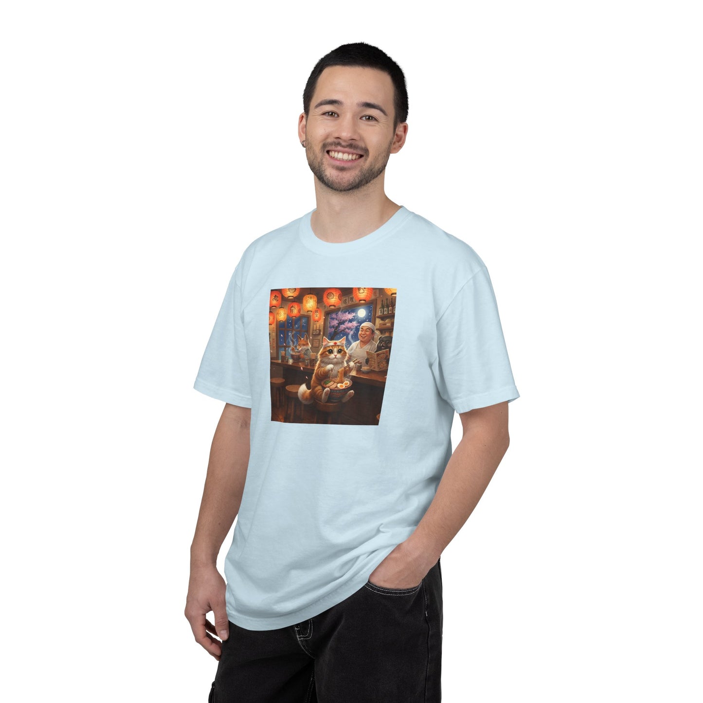Whiskers and the Wondrous Noodles Cat Bar Ramen Scene T-shirt | Cozy Pub Cat Illustration
