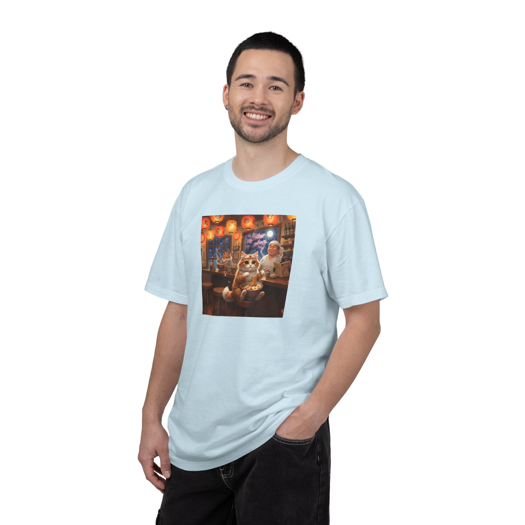 Whiskers and the Wondrous Noodles Cat Bar Ramen Scene T-shirt | Cozy Pub Cat Illustration