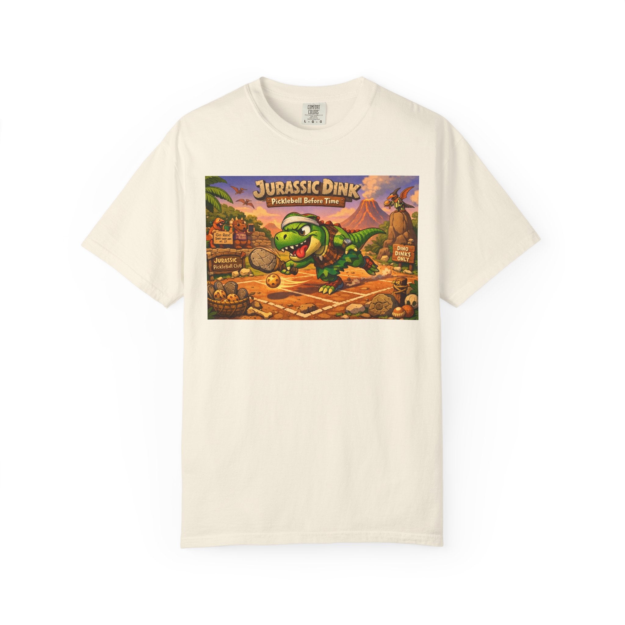 Jurassic Dink Pickleball Dinosaur Arcade Poster T-Shirt | Retro Video Game Shirt