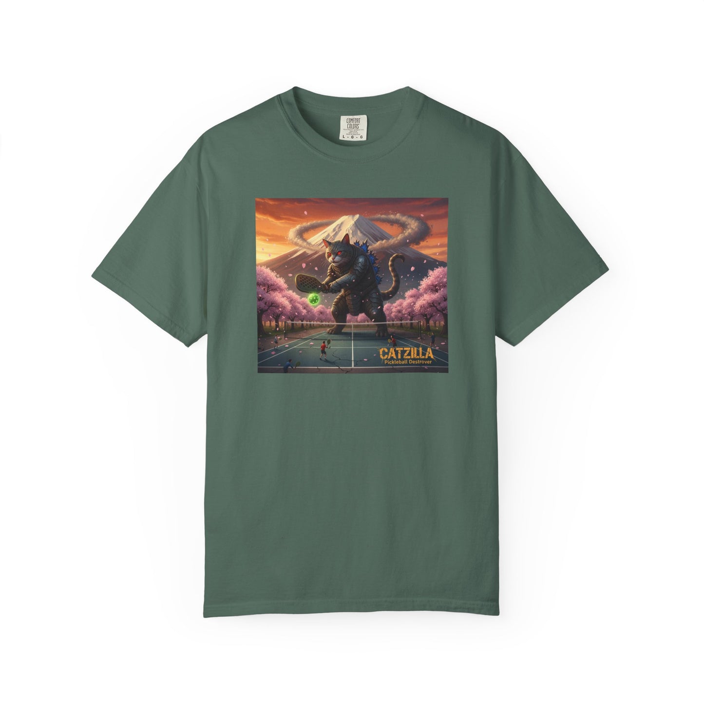 Catzilla Pickleball Destroyer T-shirt | Kaiju Cat Samurai, Mount Fuji Cherry Blossoms