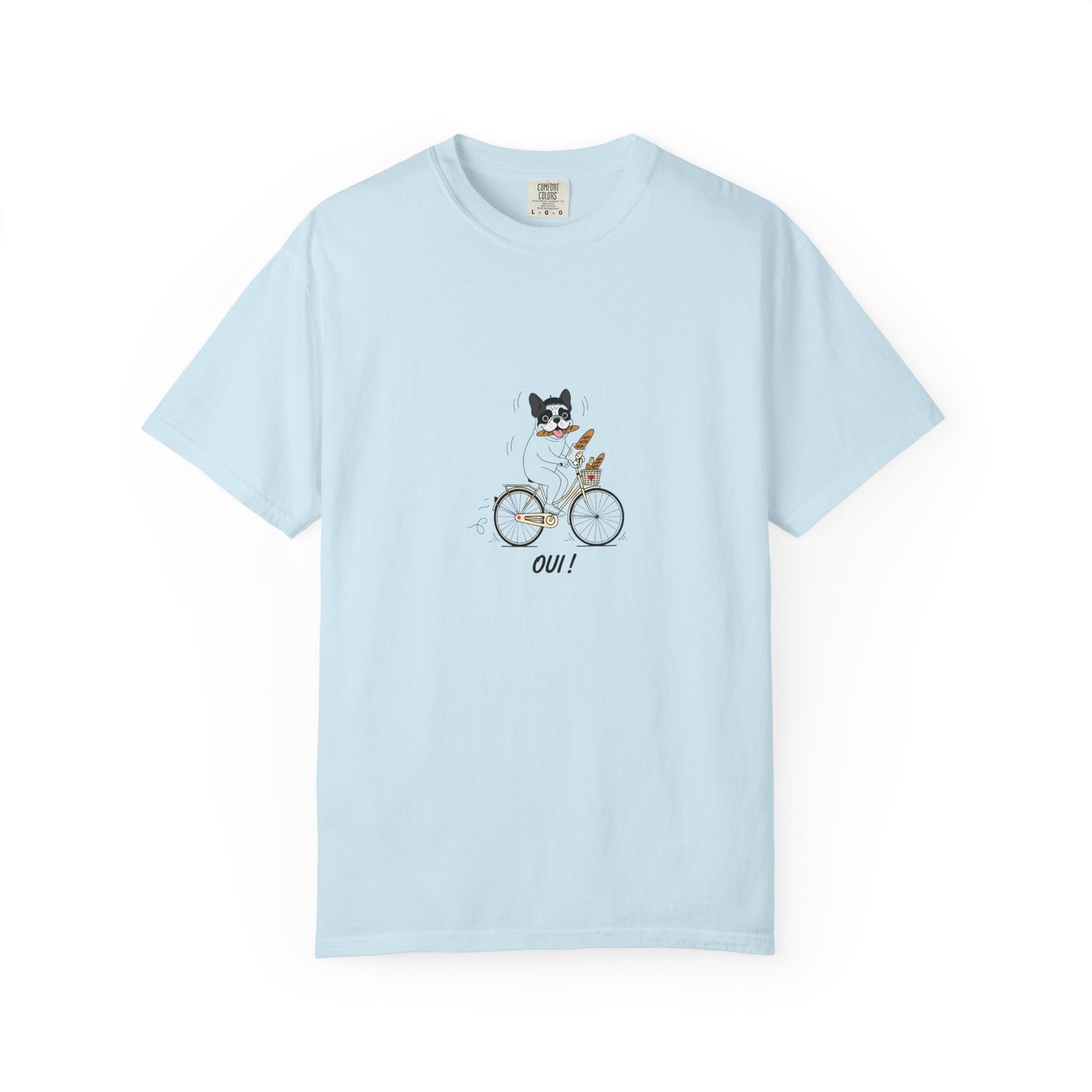 French Bulldog on Bicycle T-shirt | Cute Dog Illustration, 'Oui!' Text
