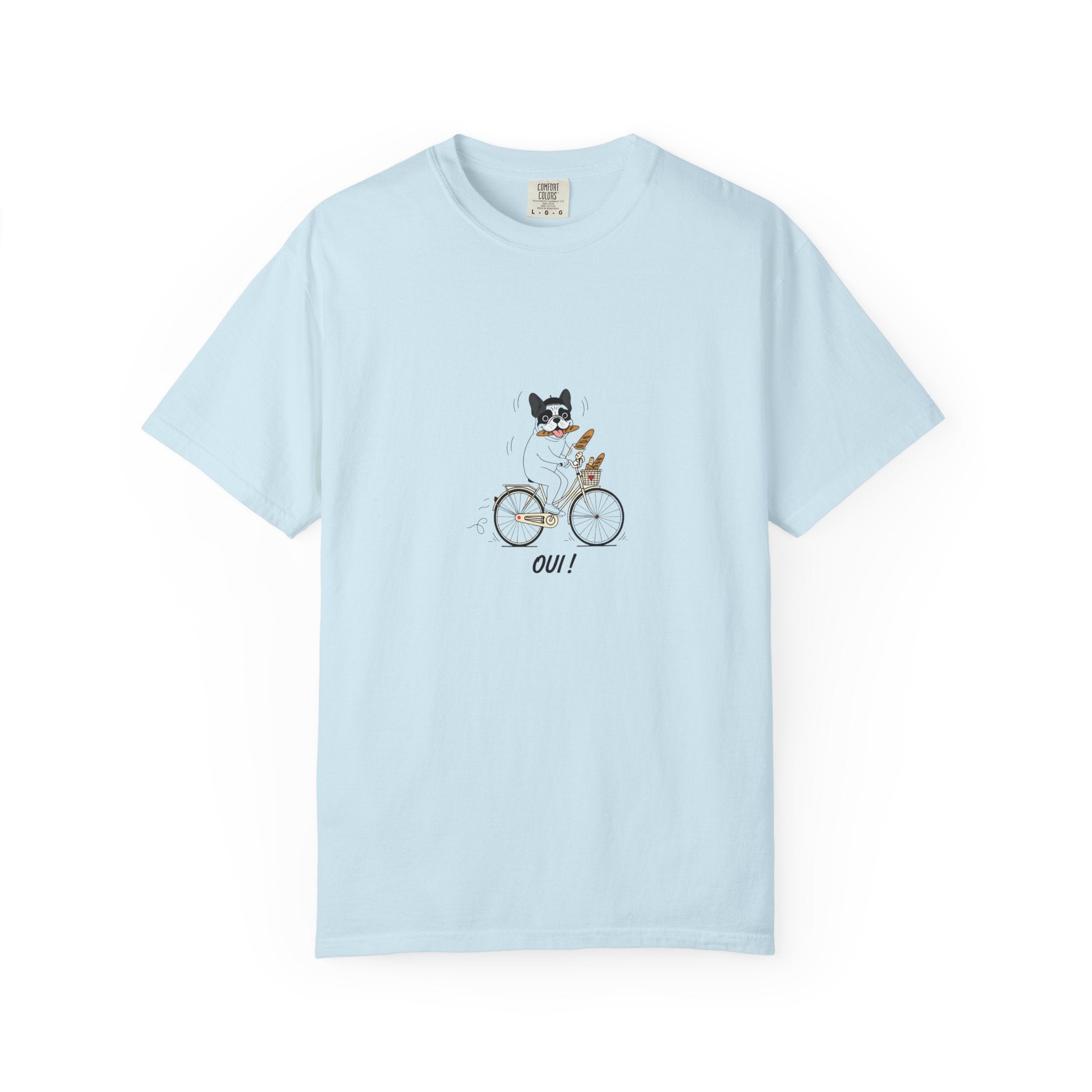 French Bulldog on Bicycle T-shirt | Cute Dog Illustration, 'Oui!' Text