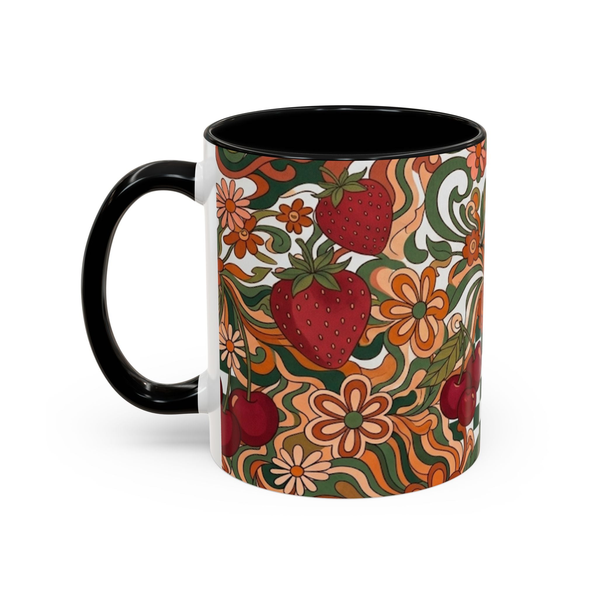 Vintage Cherry Strawberry Pattern Accent Mug | 11oz 15oz