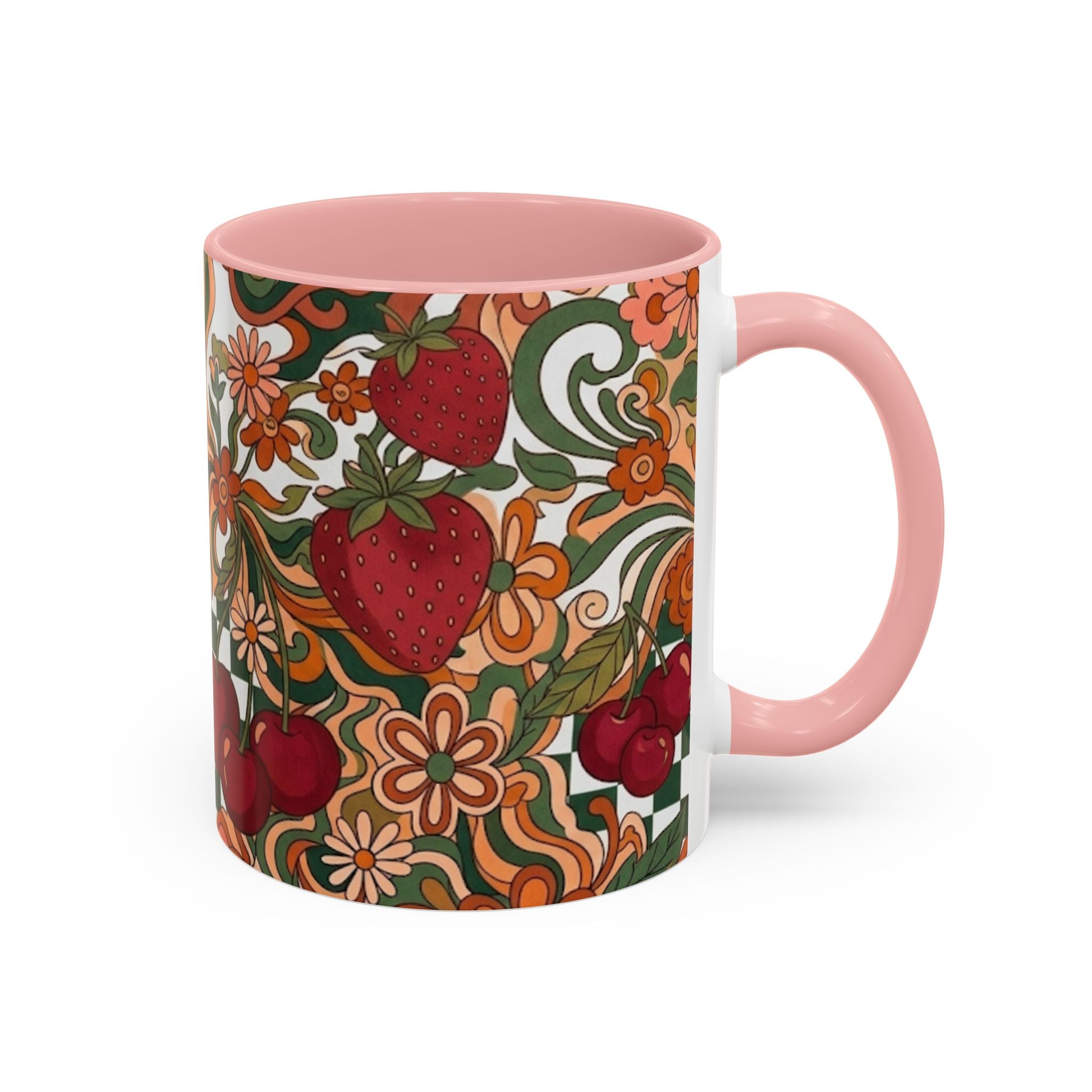 Vintage Cherry Strawberry Pattern Accent Mug | 11oz 15oz
