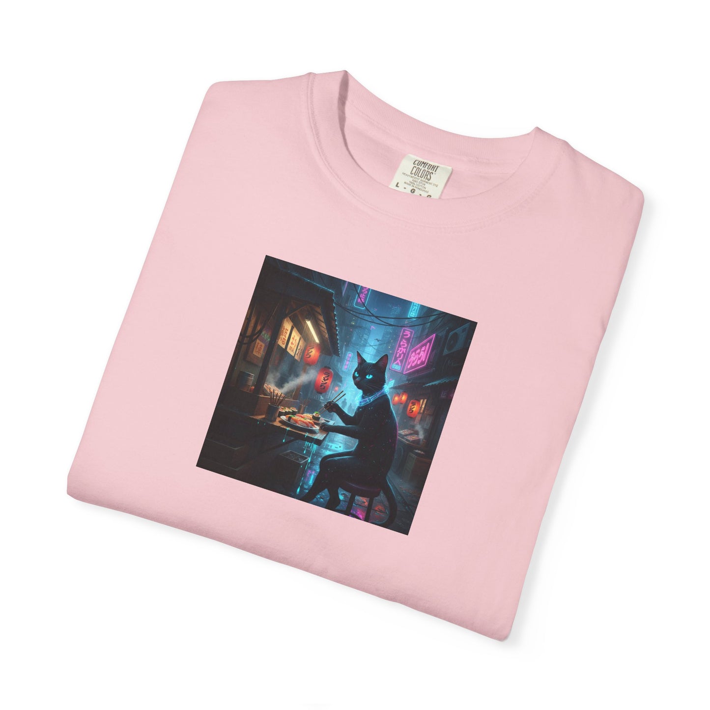 Cyberpunk Cat Sushi T-shirt | Neon Japan Noir