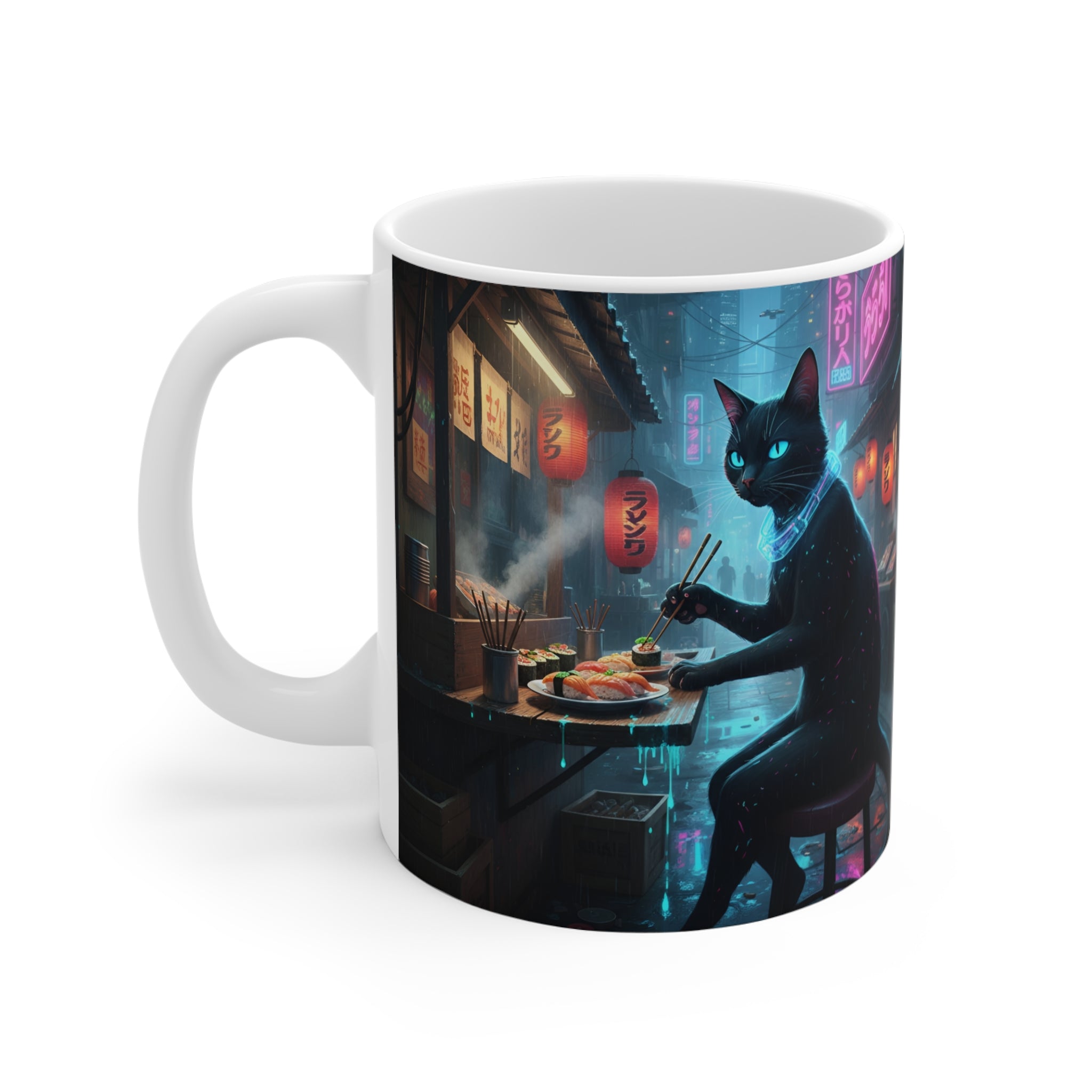 Black Cat Sushi Mug | Neon Cyberpunk Alley, 11oz Ceramic