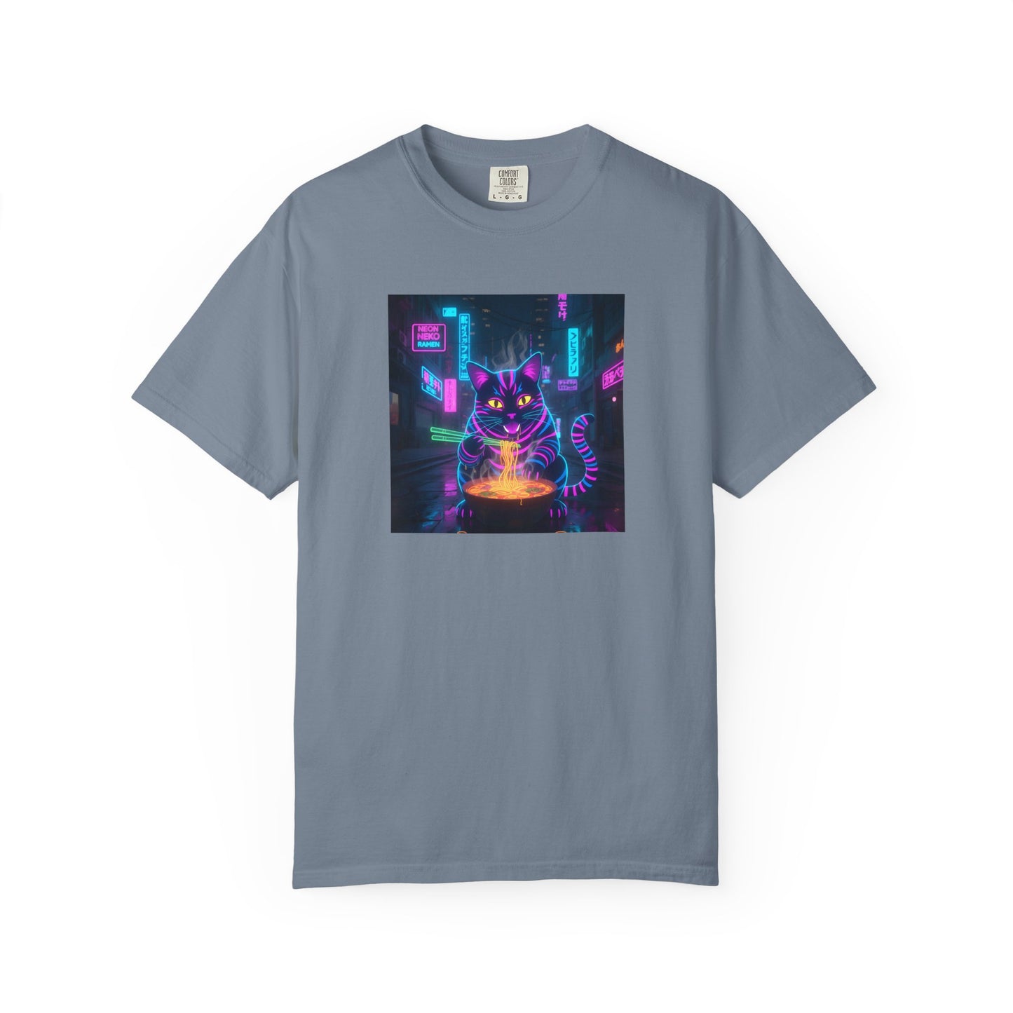 Neon Cyberpunk Cat Mystic Bowl T-shirt | Retro Futuristic Alley Art