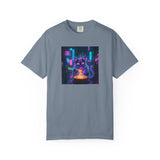 Neon Cyberpunk Cat Mystic Bowl T-shirt | Retro Futuristic Alley Art