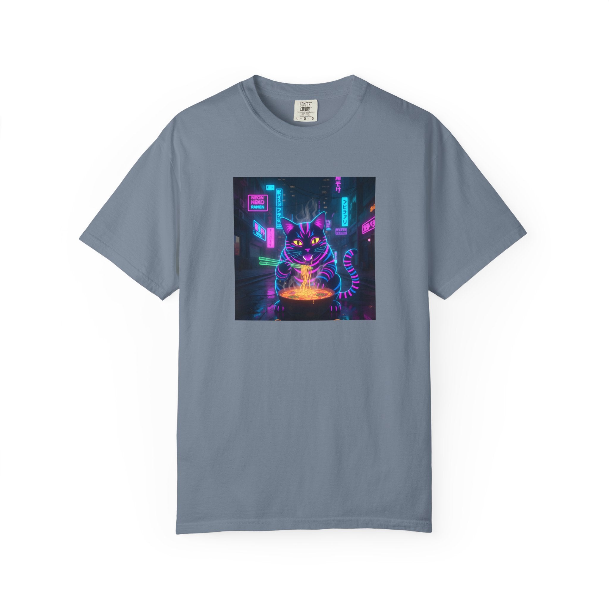 Neon Cyberpunk Cat Mystic Bowl T-shirt | Retro Futuristic Alley Art