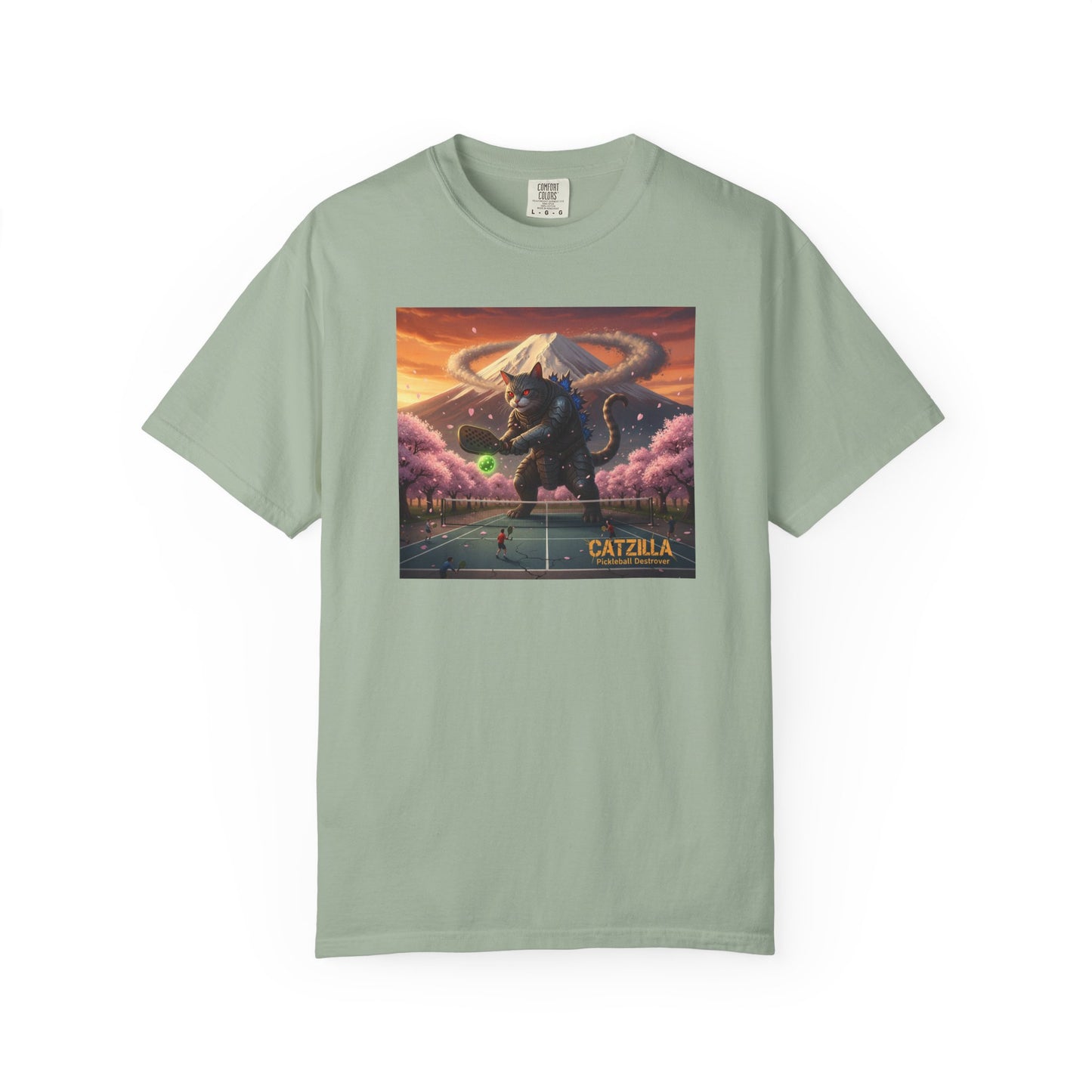 Catzilla Pickleball Destroyer T-shirt | Kaiju Cat Samurai, Mount Fuji Cherry Blossoms