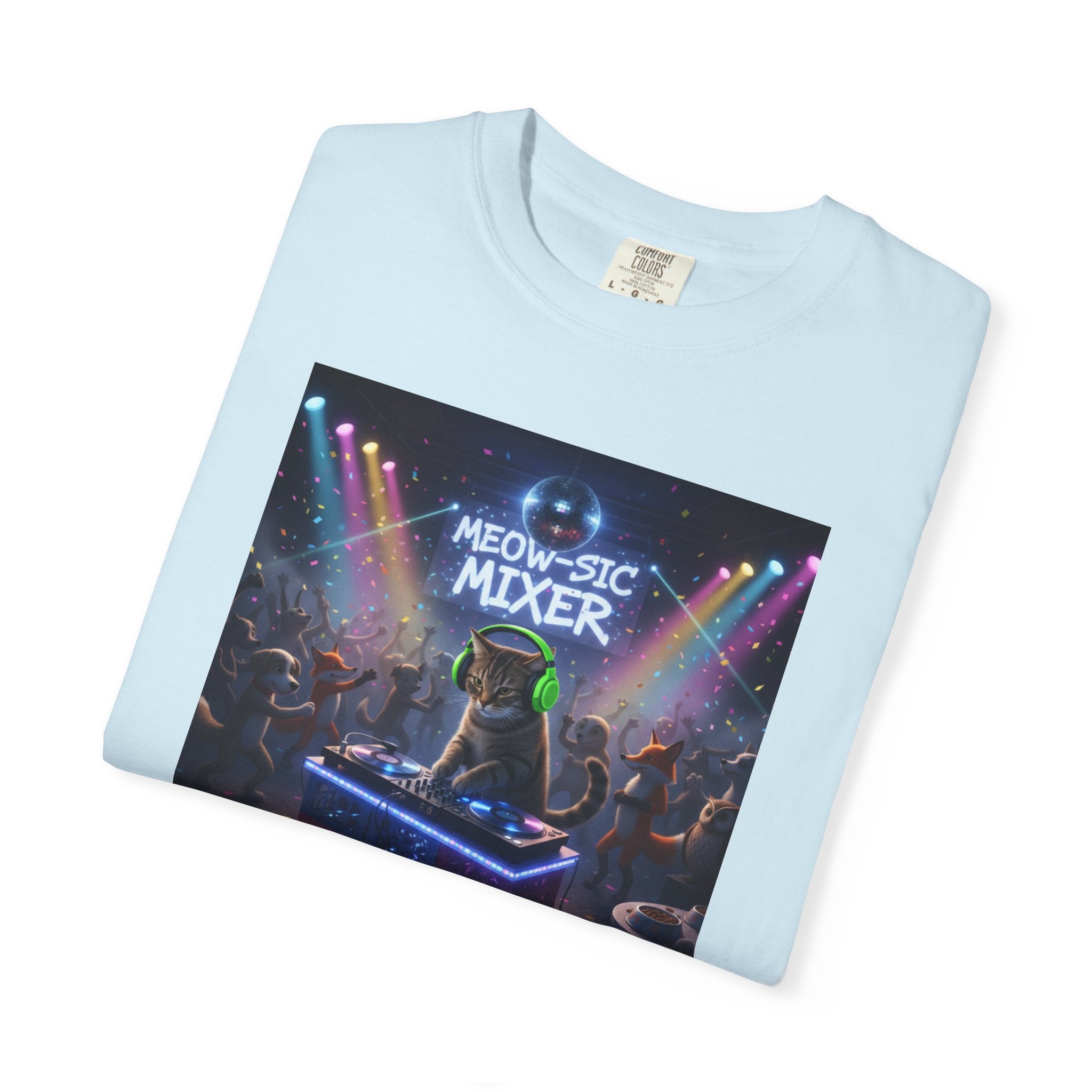 Melodic Mixer DJ Cat T-shirt | Neon Retro Music Party