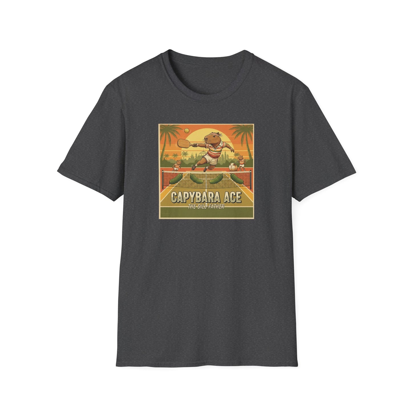 Capybara Ace Pickleball Player T-Shirt | Retro Tropical Court Design