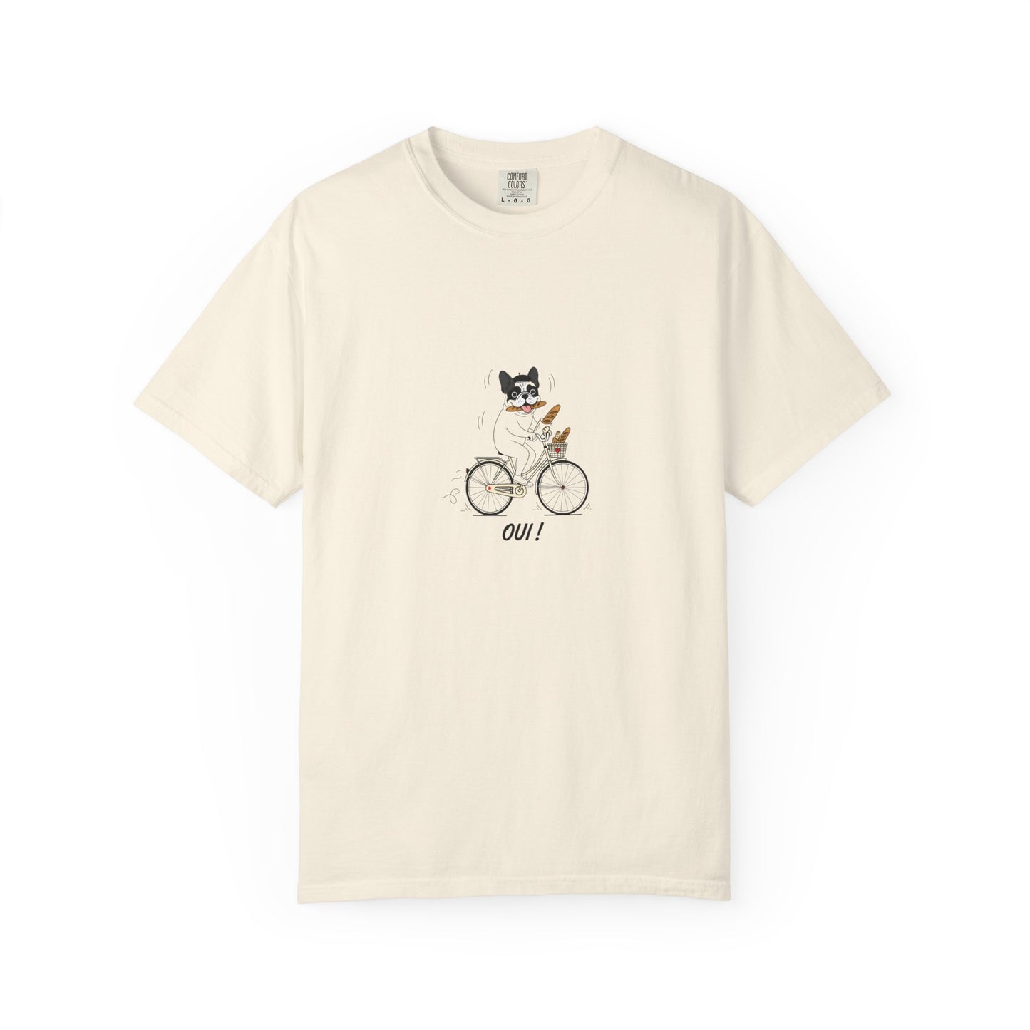 French Bulldog on Bicycle T-shirt | Cute Dog Illustration, 'Oui!' Text