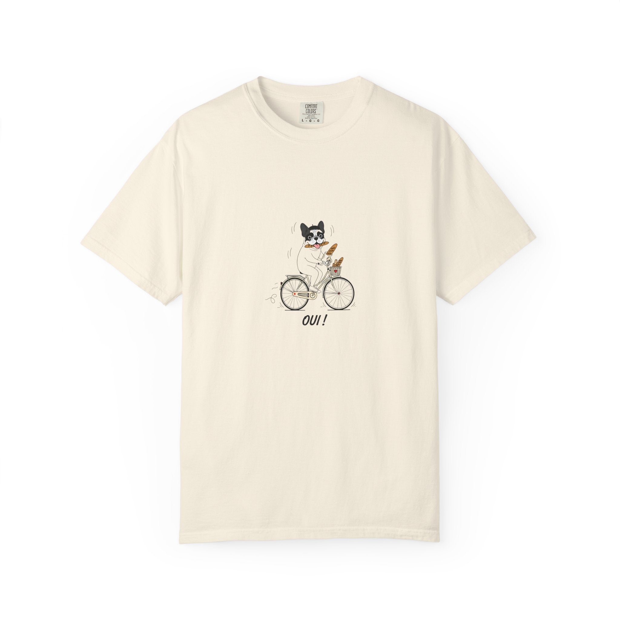 French Bulldog on Bicycle T-shirt | Cute Dog Illustration, 'Oui!' Text