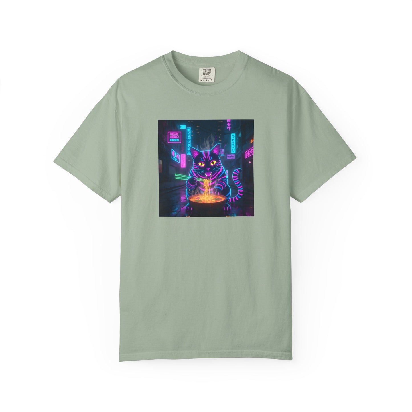 Neon Cyberpunk Cat Mystic Bowl T-shirt | Retro Futuristic Alley Art