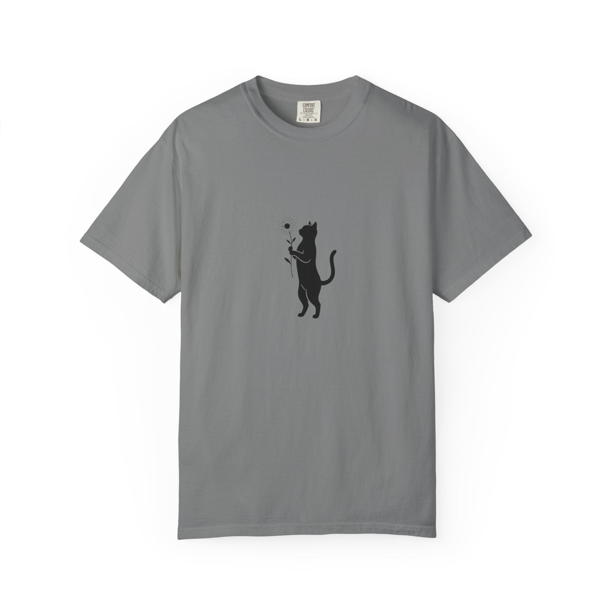 Black Cat Holding Flower T-Shirt | Minimal Cat Silhouette Tee