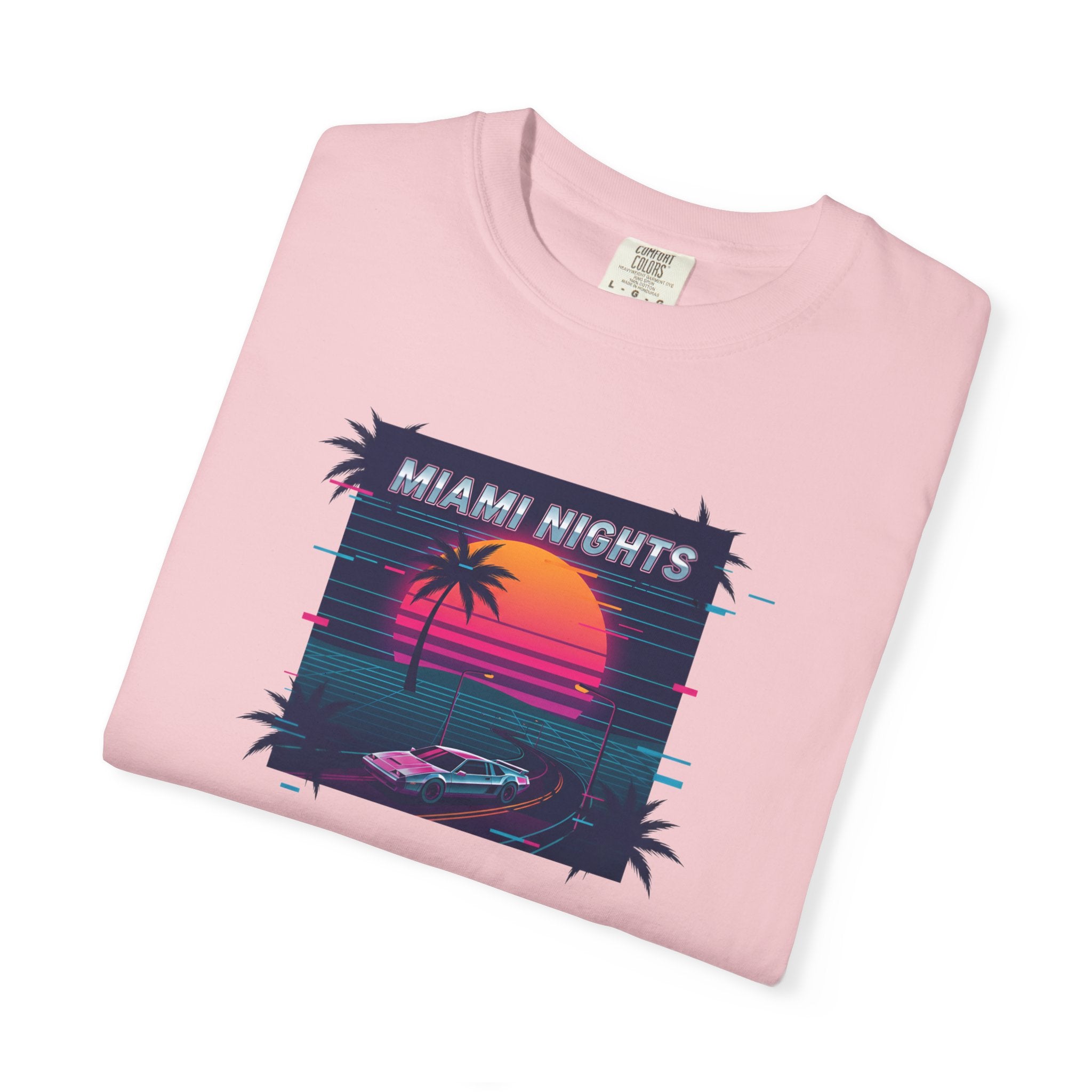 Miami Nights Sunset Palm T-shirt | Retro Vaporwave Beach Scene