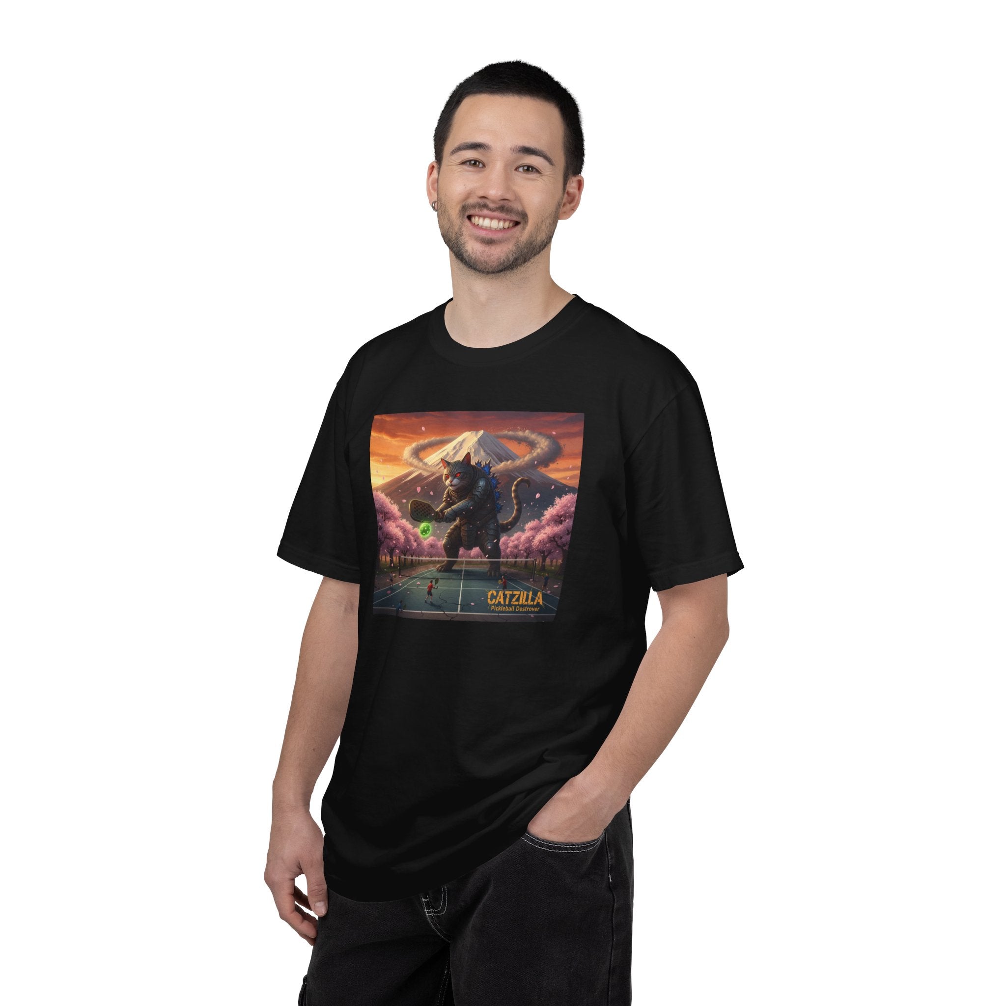 Catzilla Pickleball Destroyer T-shirt | Kaiju Cat Samurai, Mount Fuji Cherry Blossoms