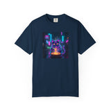 Neon Cyberpunk Cat Mystic Bowl T-shirt | Retro Futuristic Alley Art