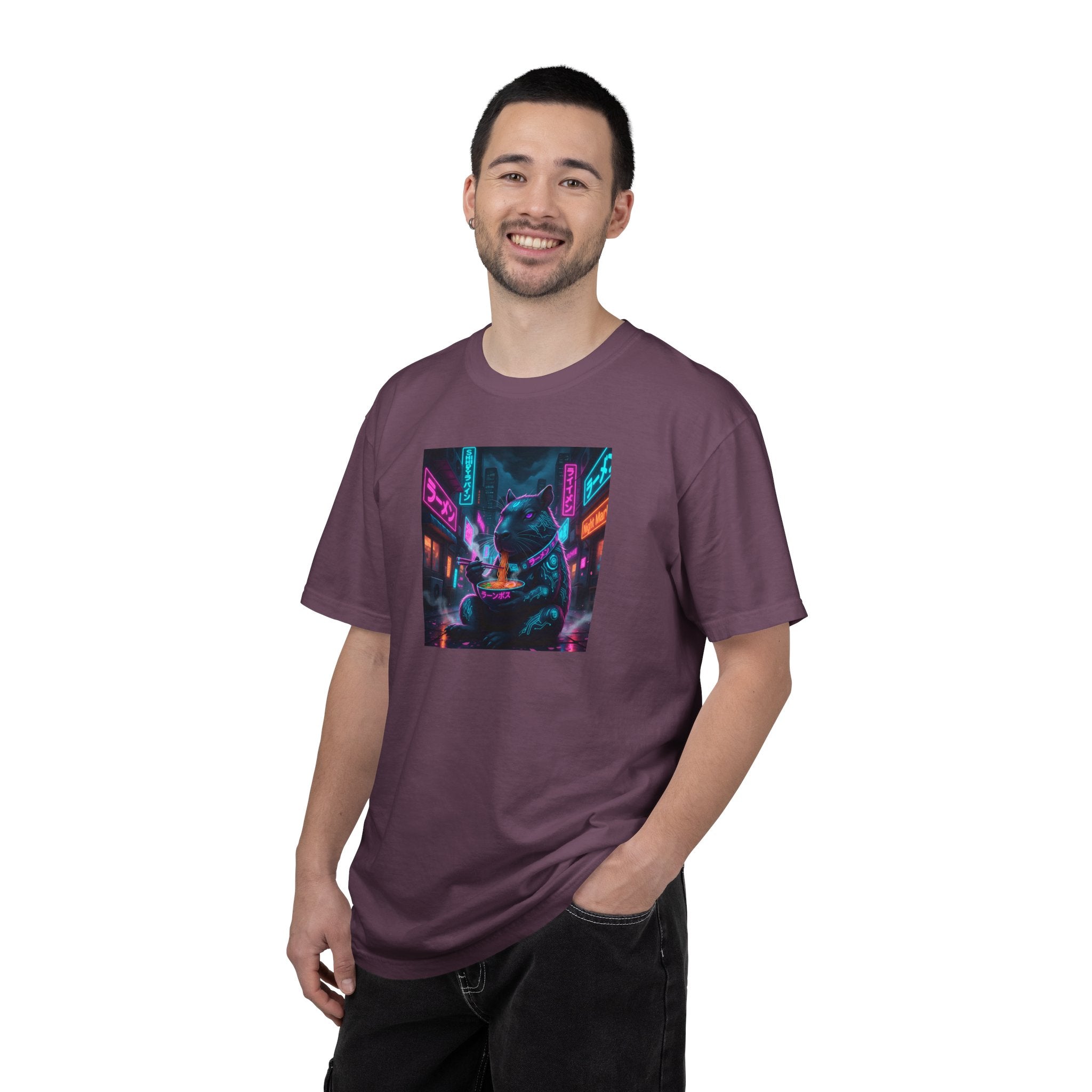 Neon Cyberpunk Capybara Cityscape T-Shirt | Futuristic Night Street Art