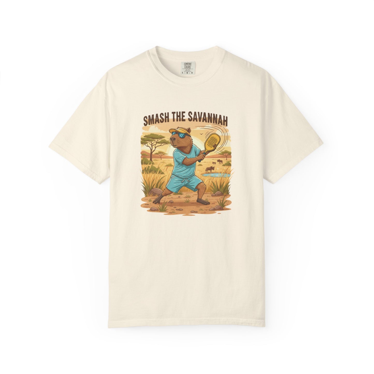 Smash the Savannah Capybara Pickleballer T-Shirt | Animal Sports Graphic Tee