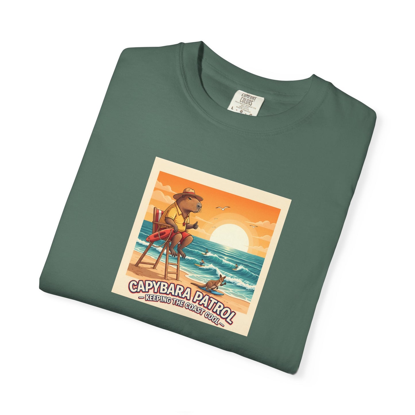 Capybara Patrol Sunset Surfing Capybara T-Shirt | Retro Beach Vibes