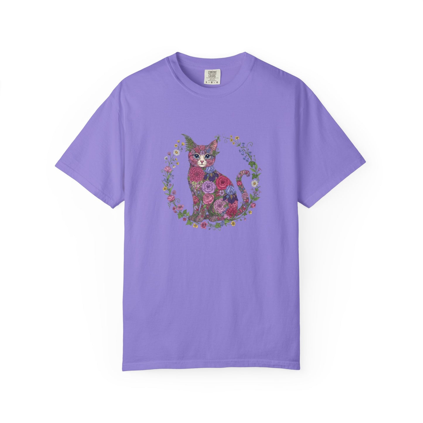 Floral Cat Illustration T-shirt | Botanical Kitty Circle Print