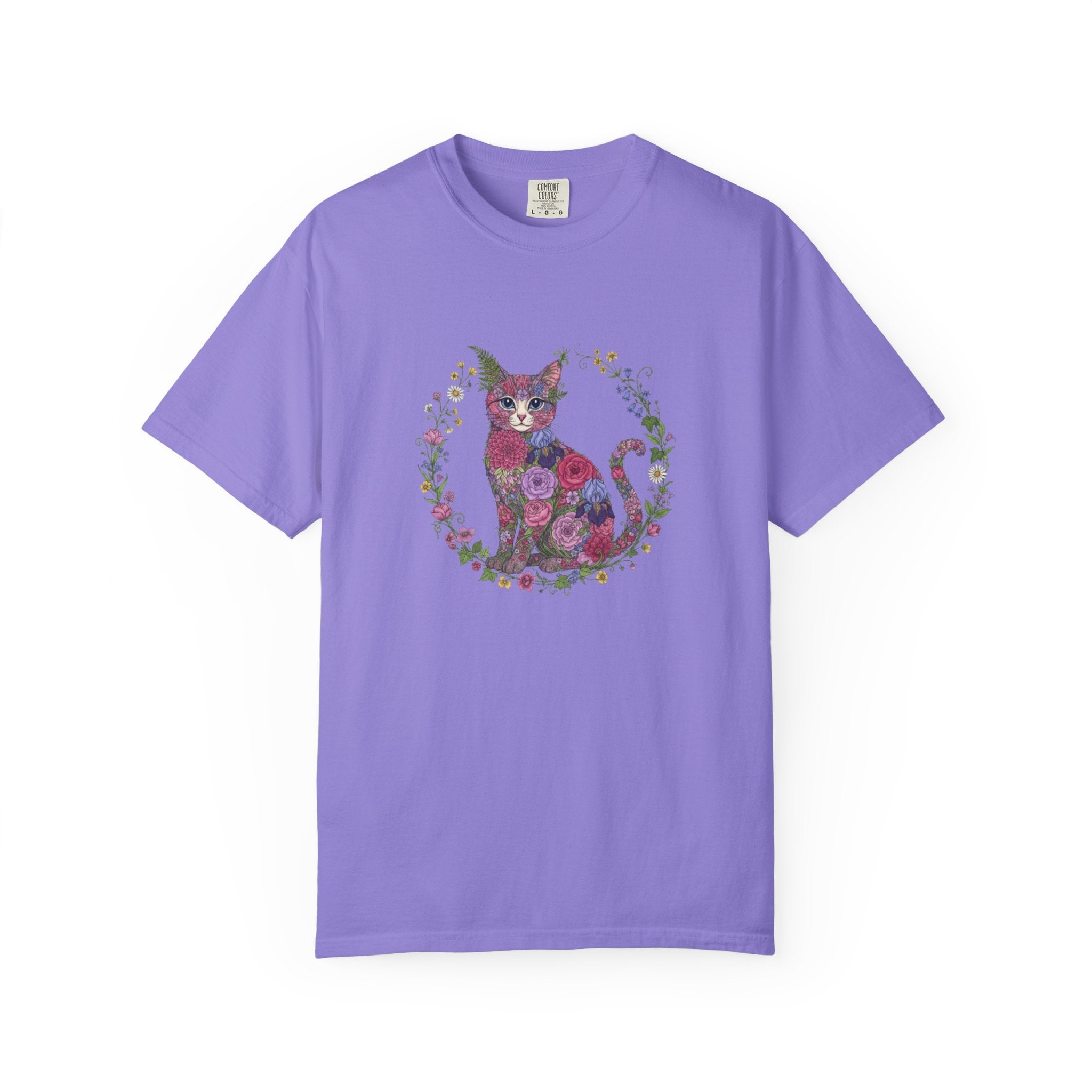 Floral Cat Illustration T-shirt | Botanical Kitty Circle Print
