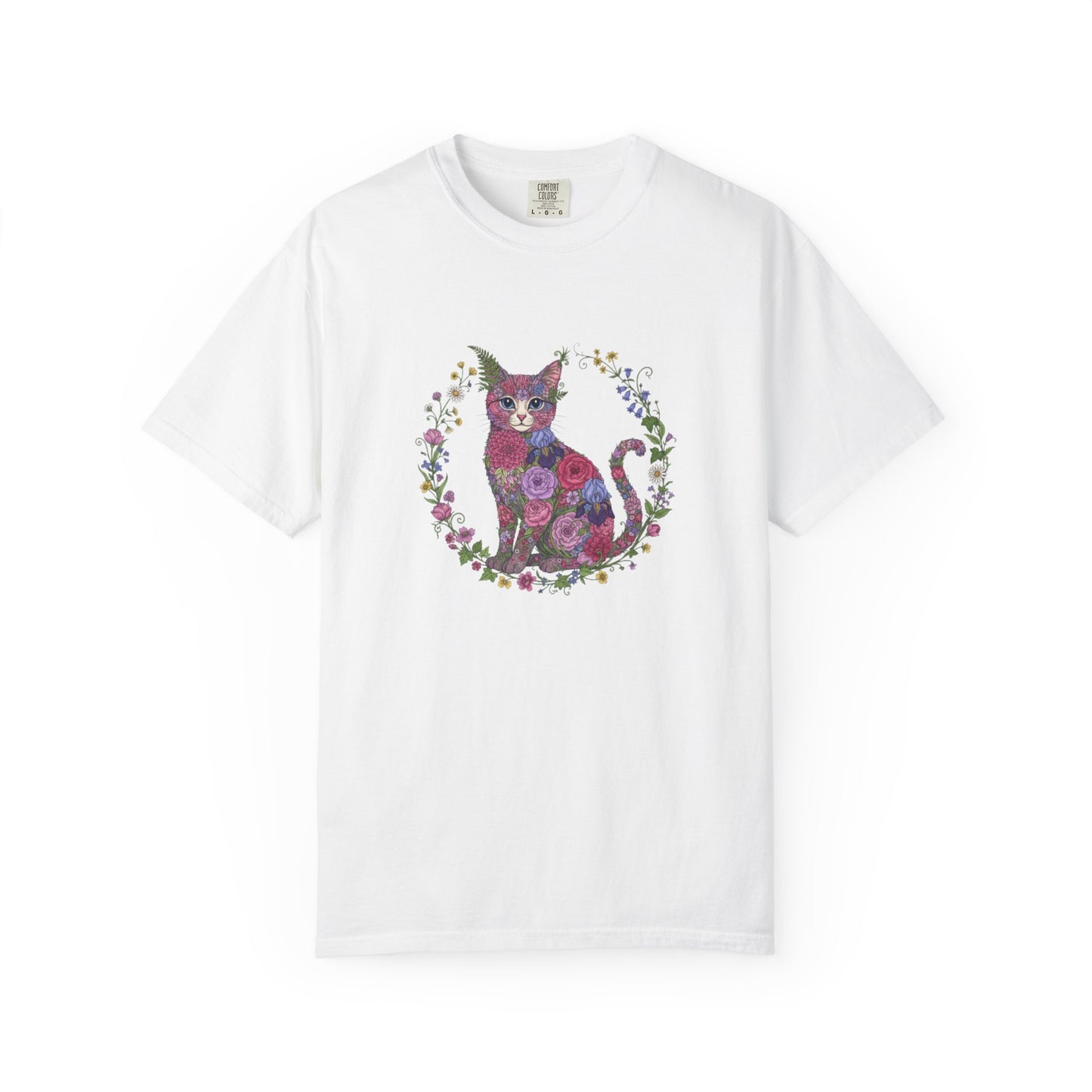 Floral Cat Illustration T-shirt | Botanical Kitty Circle Print
