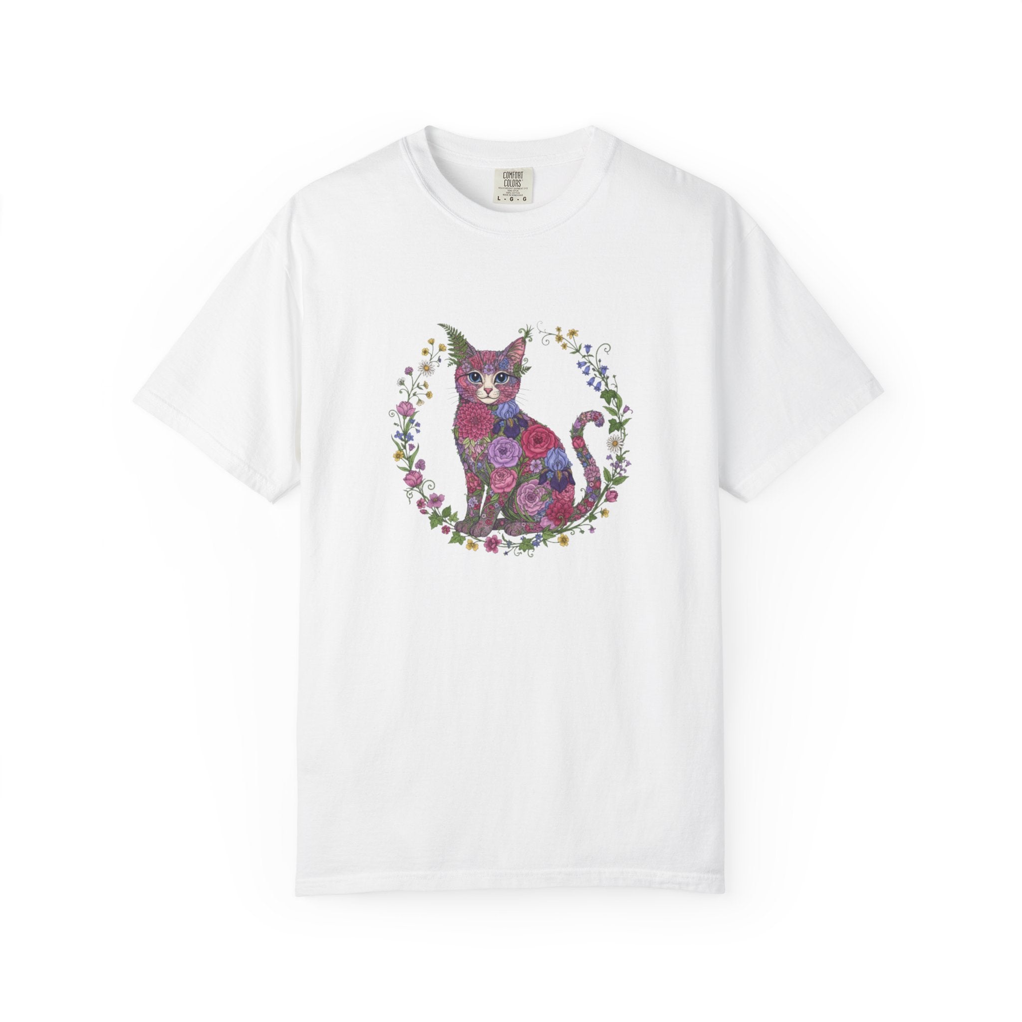 Floral Cat Illustration T-shirt | Botanical Kitty Circle Print