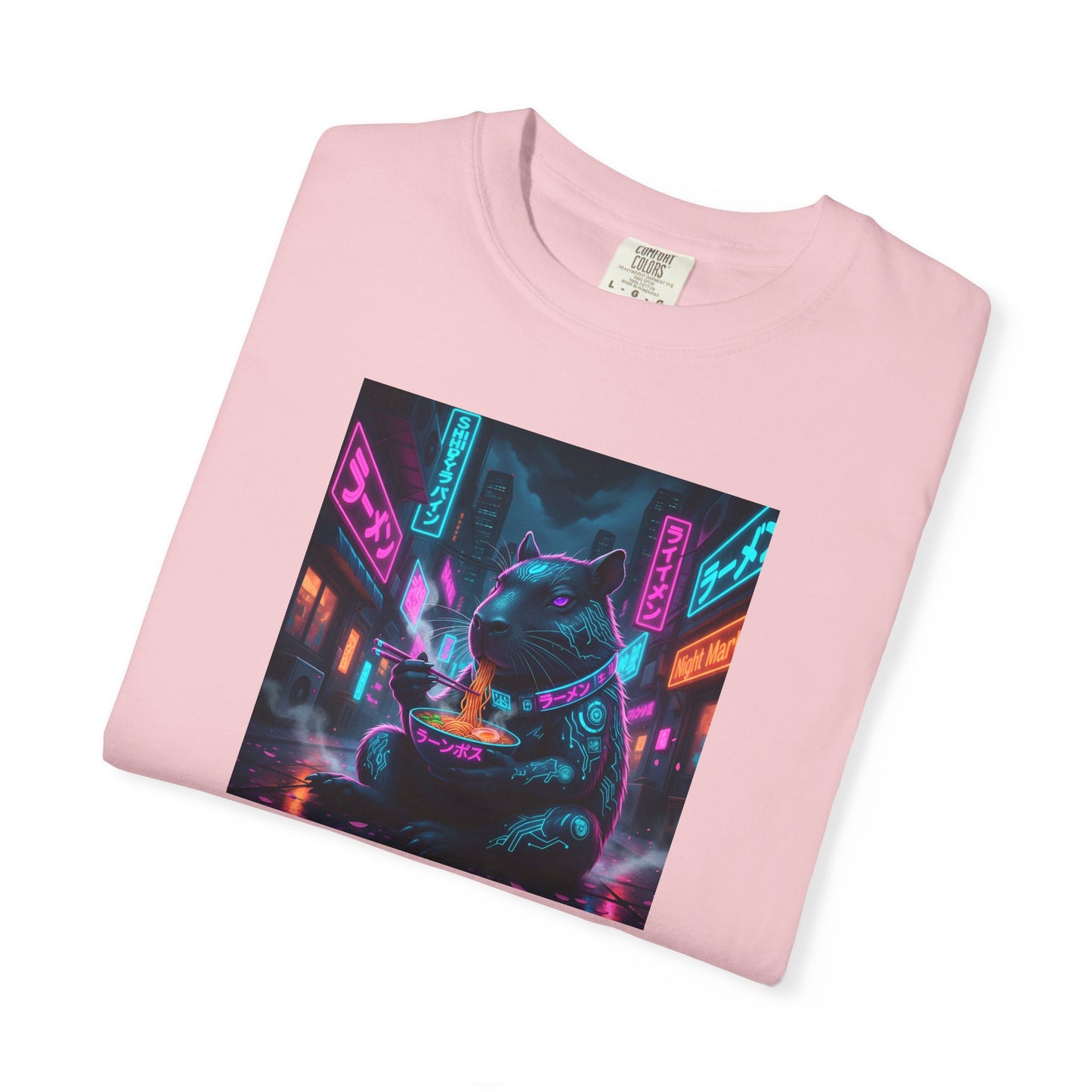 Neon Cyberpunk Capybara Cityscape T-Shirt | Futuristic Night Street Art