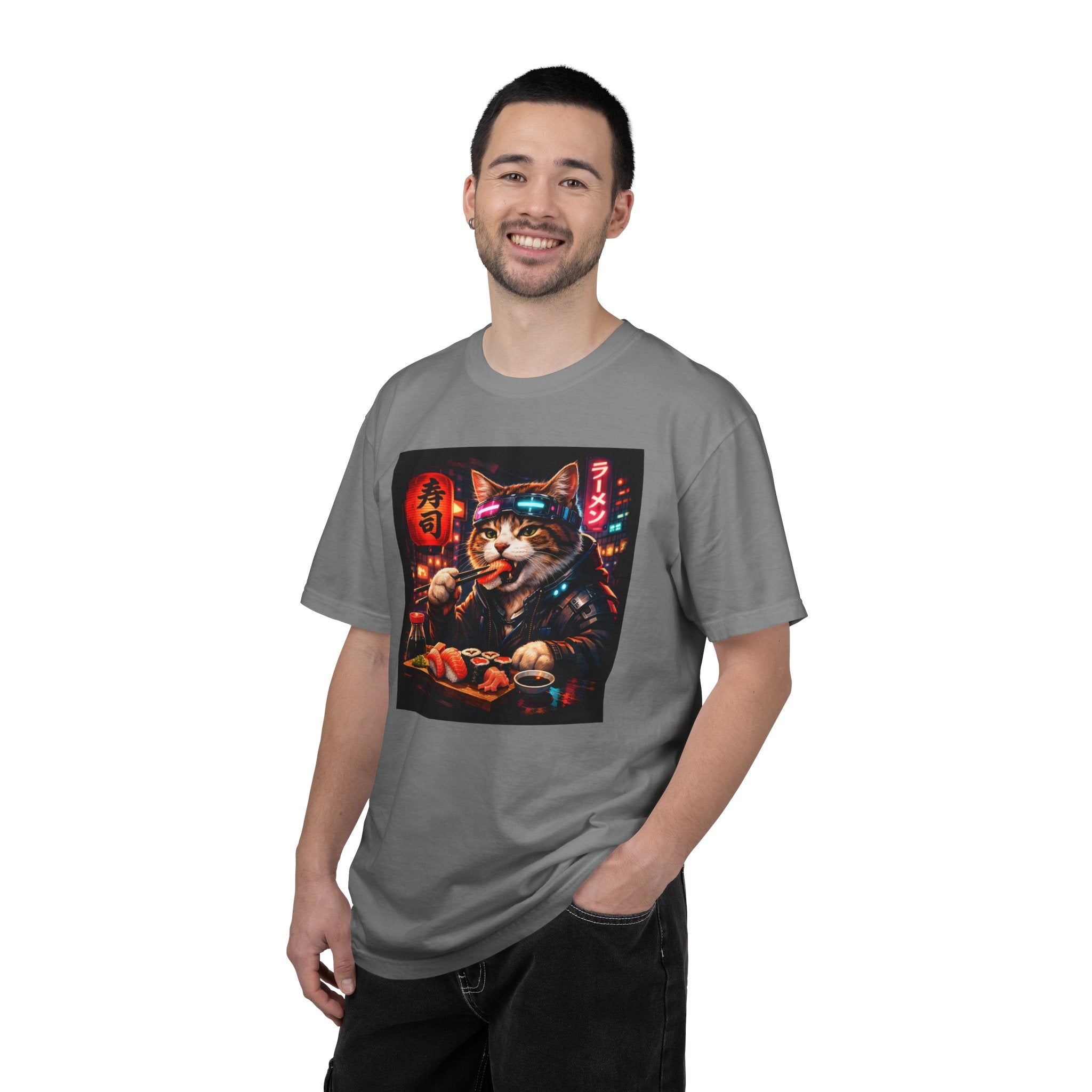 Sushi-Eating Cat T-Shirt | Neon Japanese Street Food Art