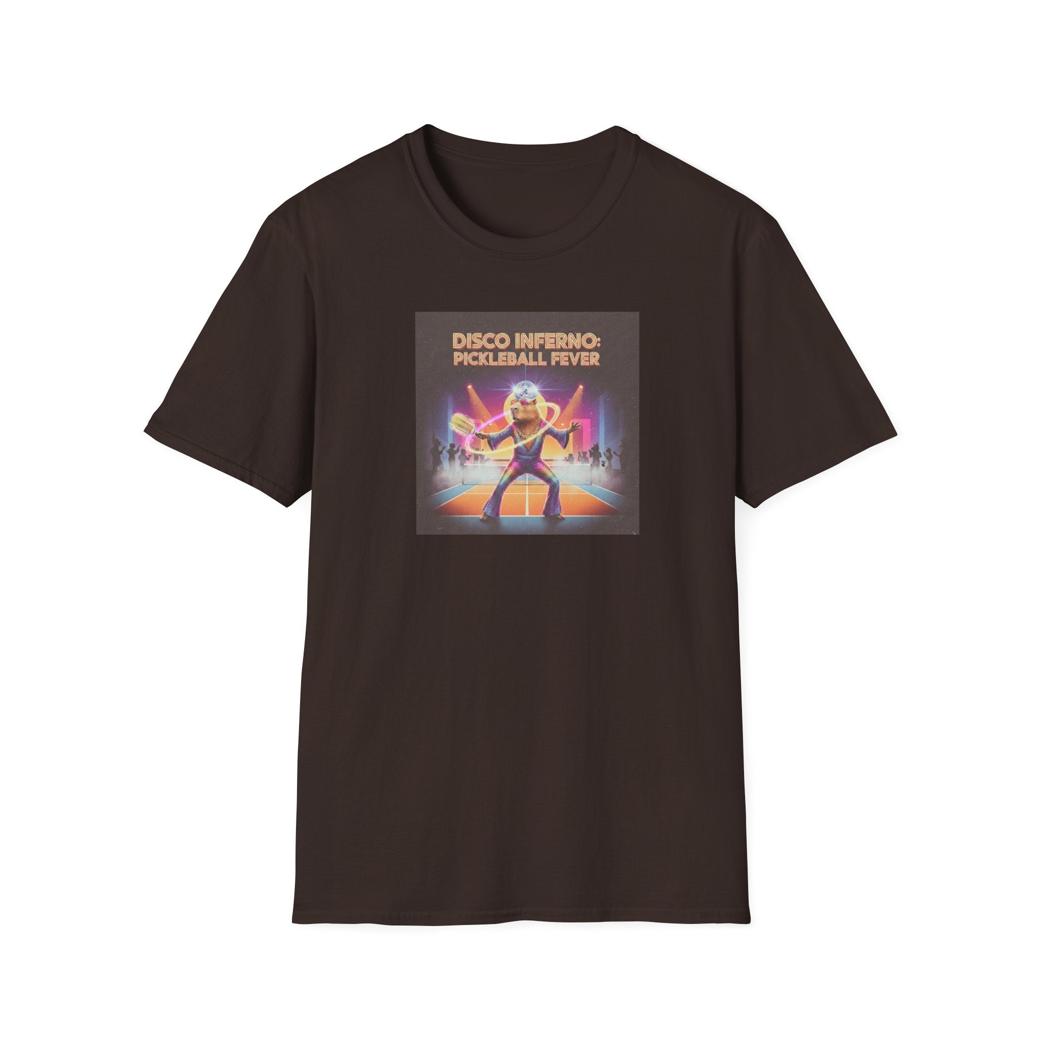 Disco Inferno Capybara Pickleball Fever T-Shirt | Retro 70s Dance Court Graphic