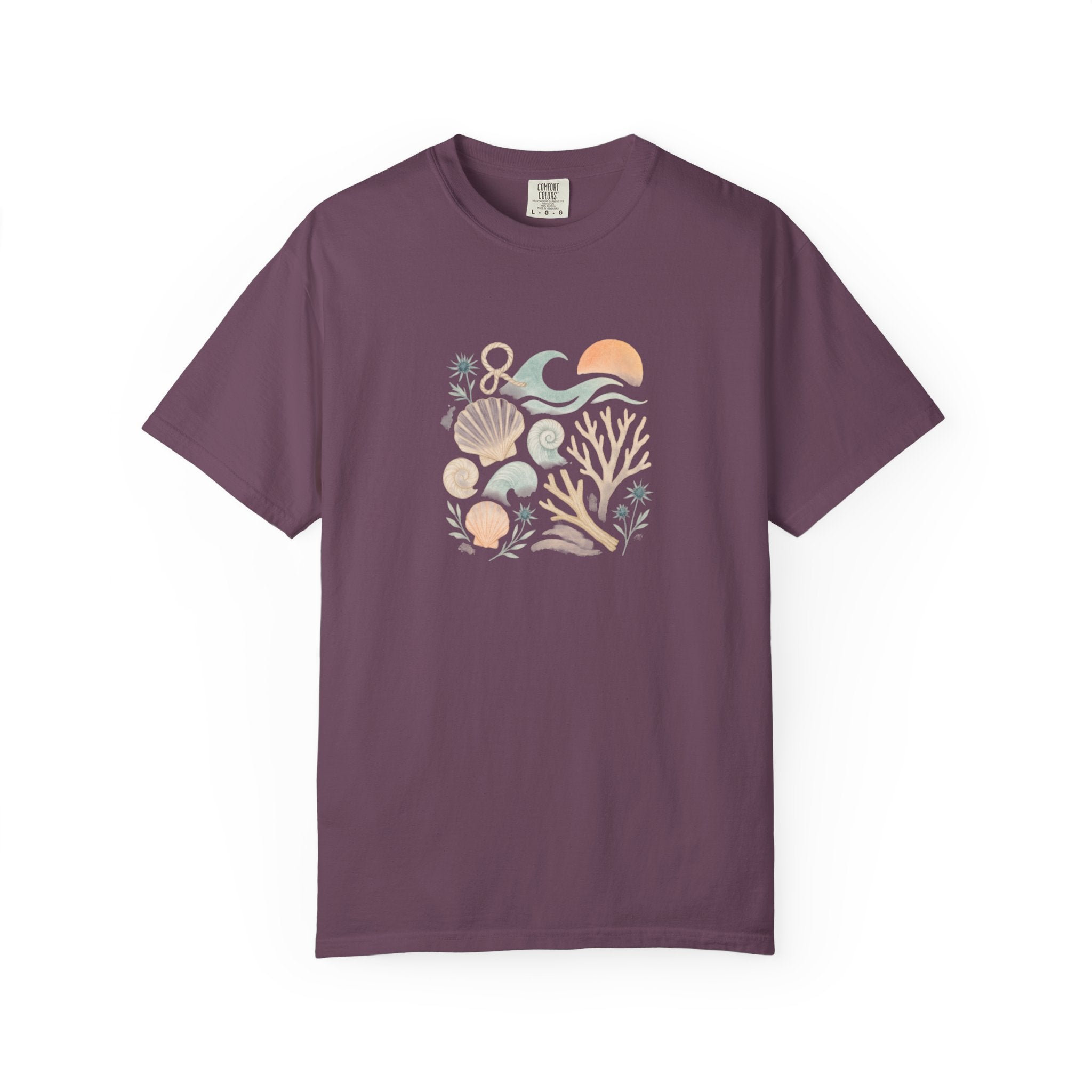 Coastal Seashells and Coral T-Shirt | Beach Wave Sunset Art