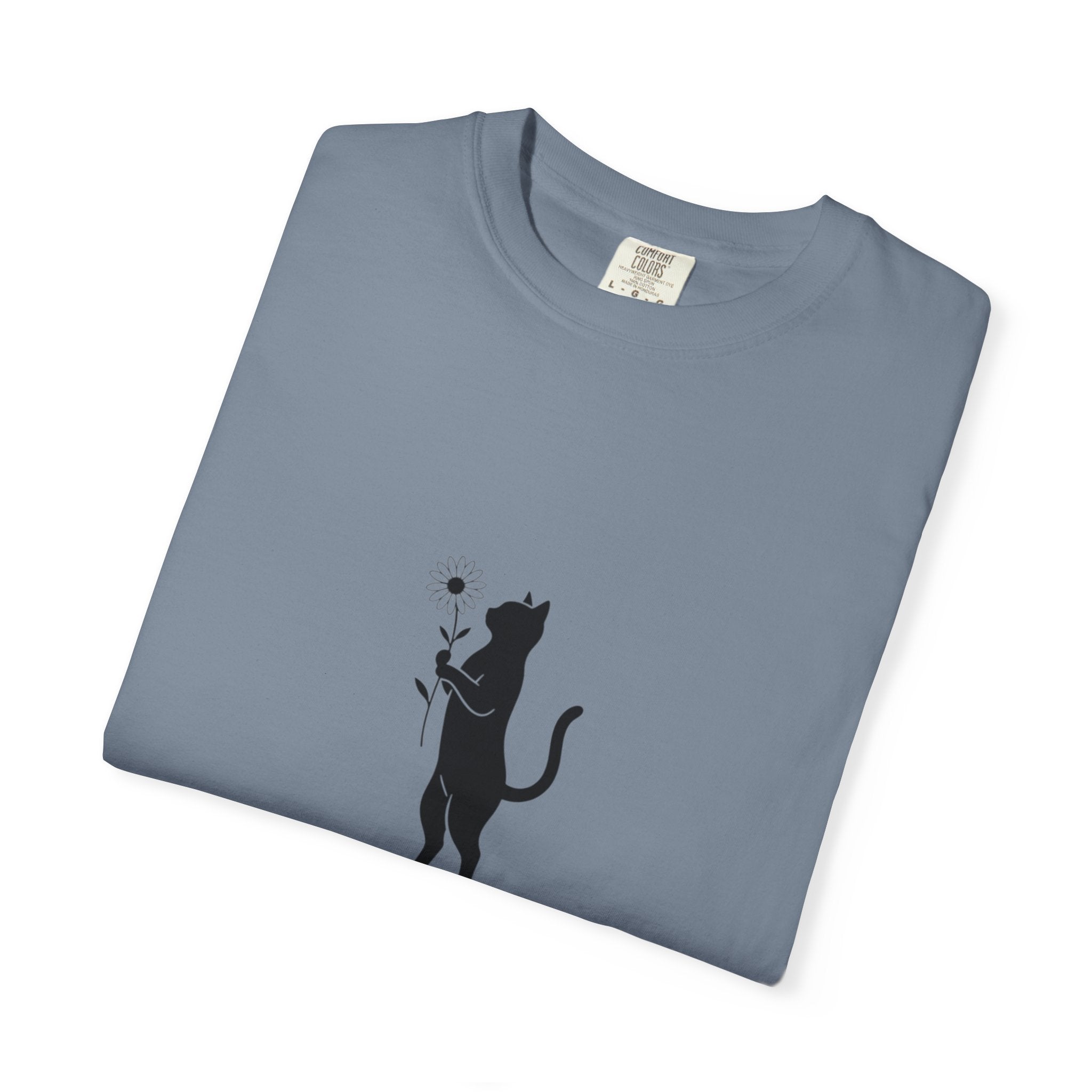 Black Cat Holding Flower T-Shirt | Minimal Cat Silhouette Tee