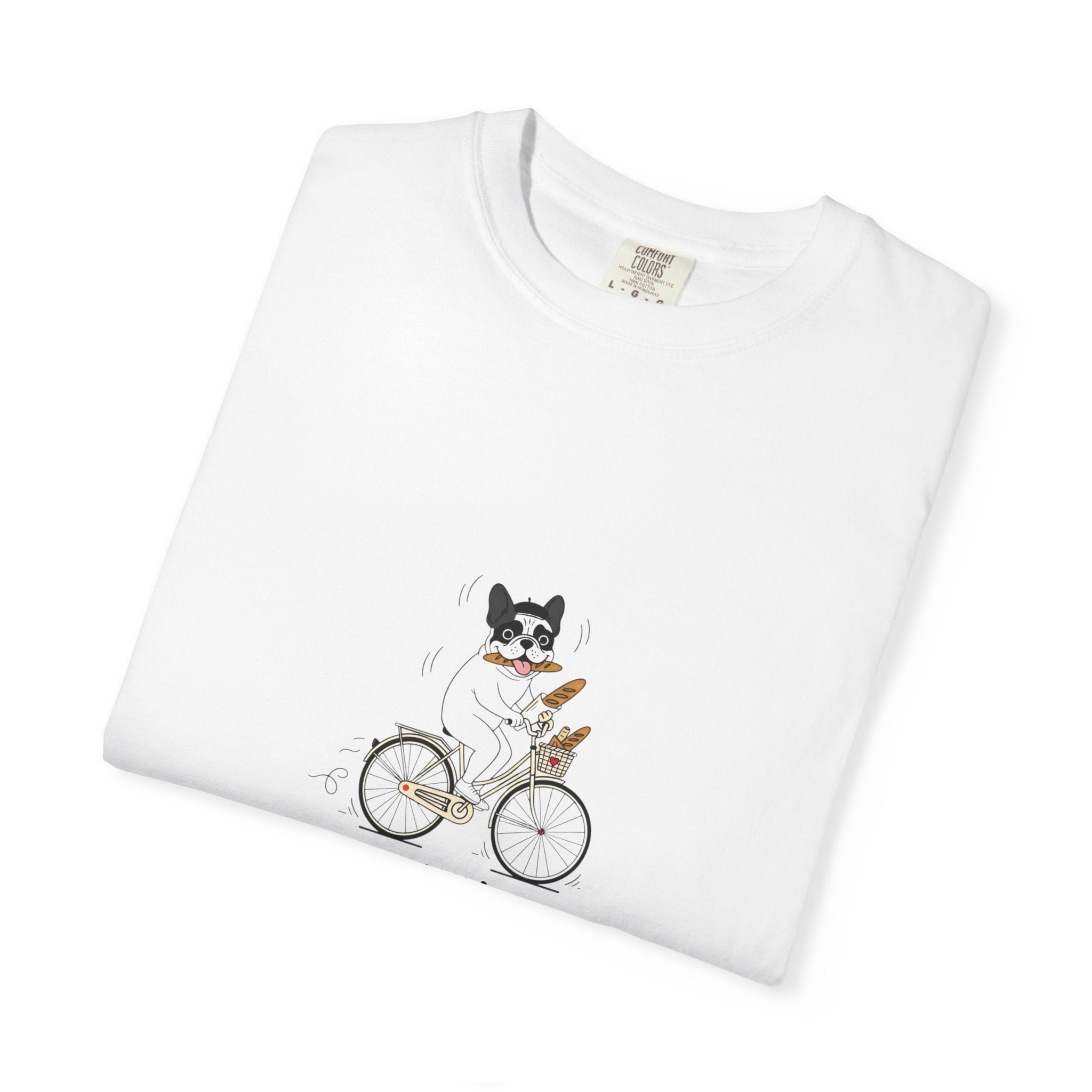 French Bulldog on Bicycle T-shirt | Cute Dog Illustration, 'Oui!' Text