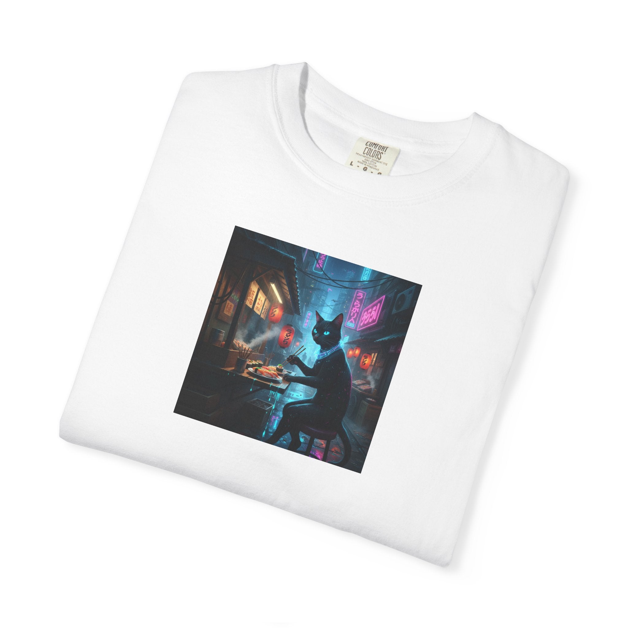 Cyberpunk Cat Sushi T-shirt | Neon Japan Noir