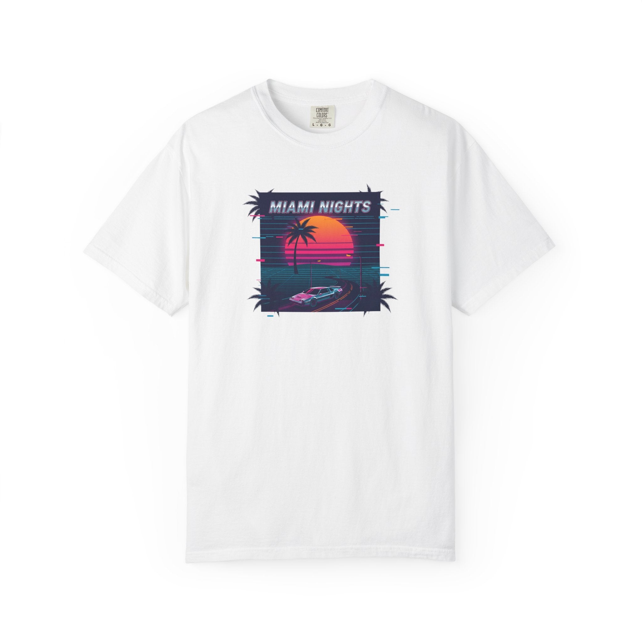 Miami Nights Sunset Palm T-shirt | Retro Vaporwave Beach Scene