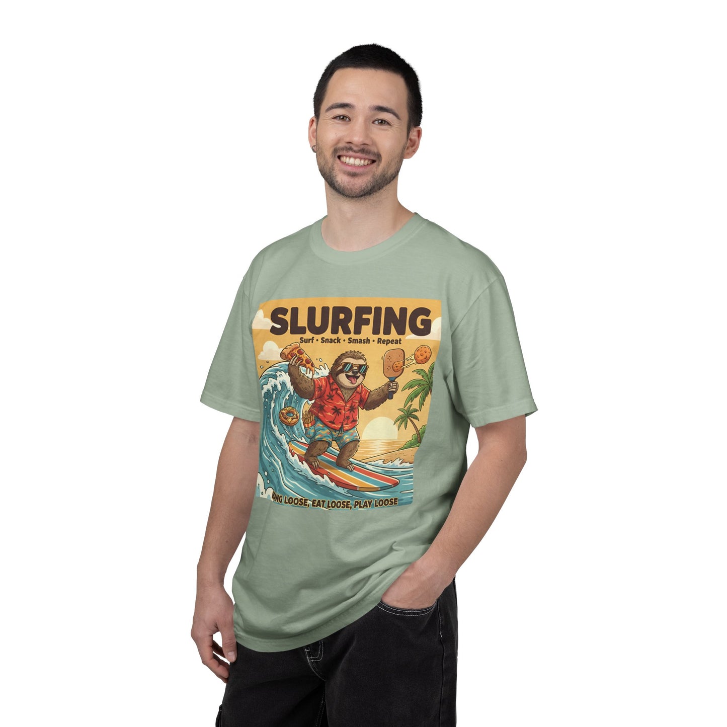 Slurfing Surfing Sloth T-Shirt | Retro Beach Wave Illustration