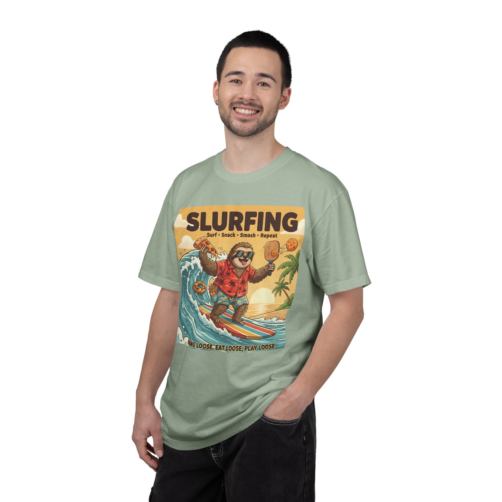 Slurfing Surfing Sloth T-Shirt | Retro Beach Wave Illustration