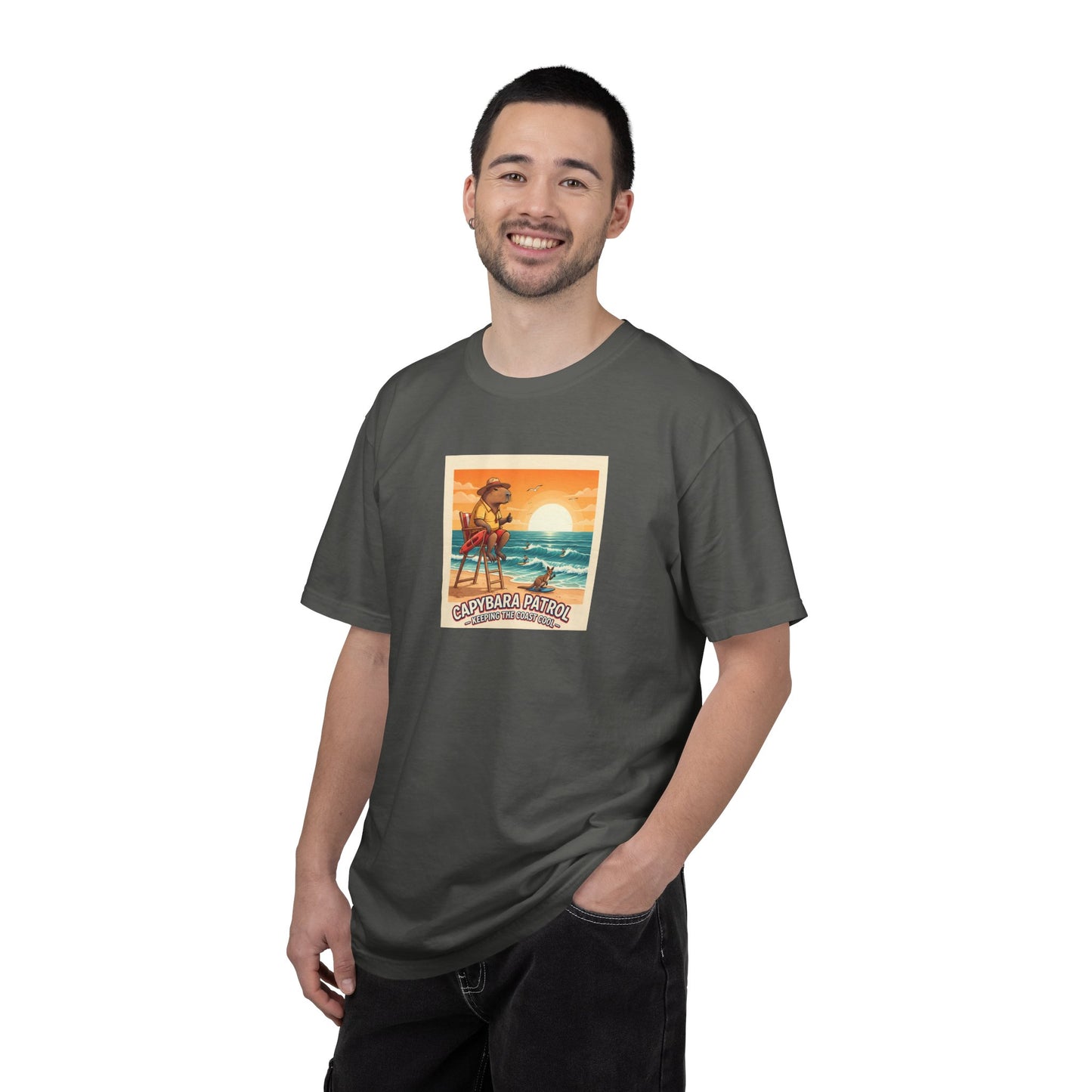 Capybara Patrol Sunset Surfing Capybara T-Shirt | Retro Beach Vibes