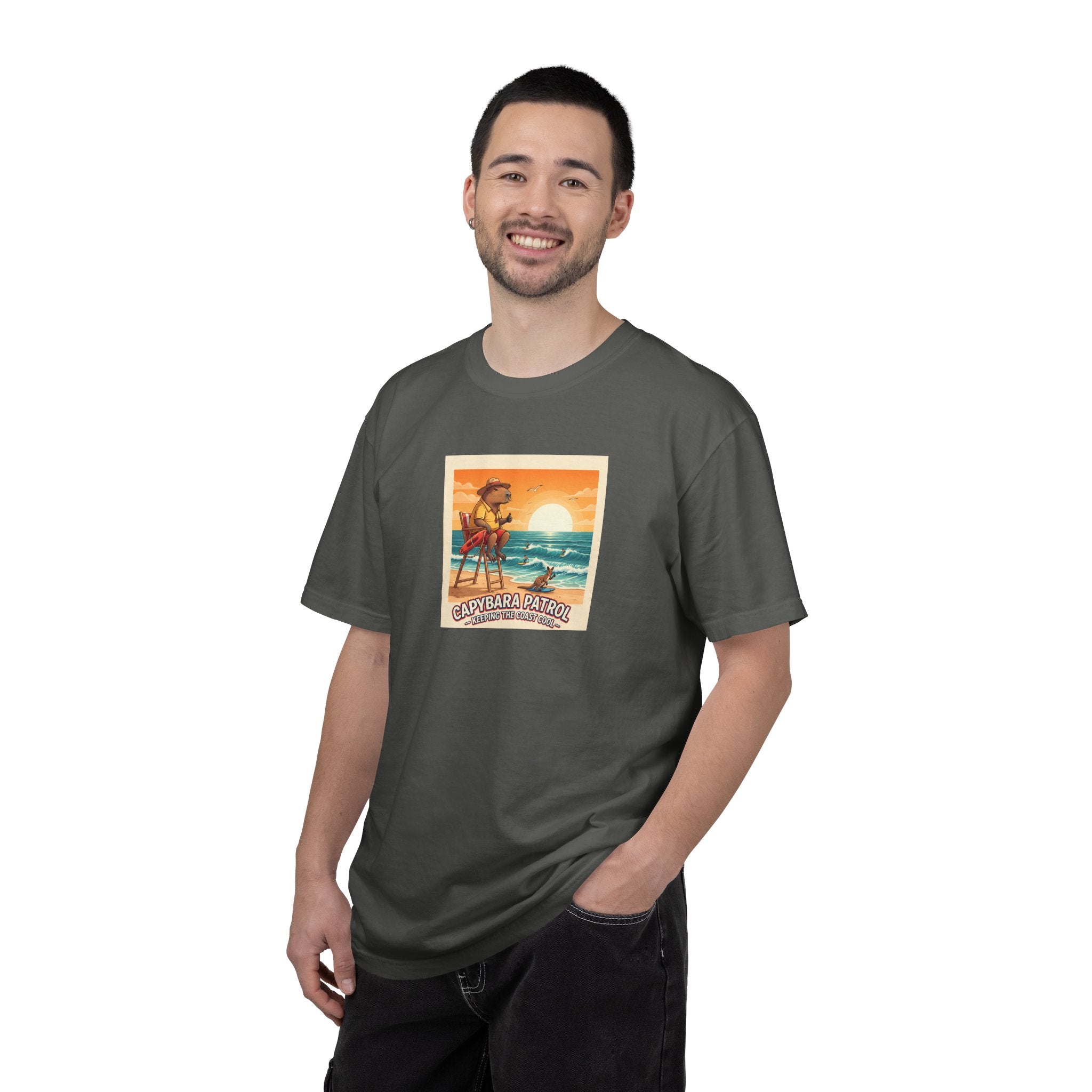 Capybara Patrol Sunset Surfing Capybara T-Shirt | Retro Beach Vibes