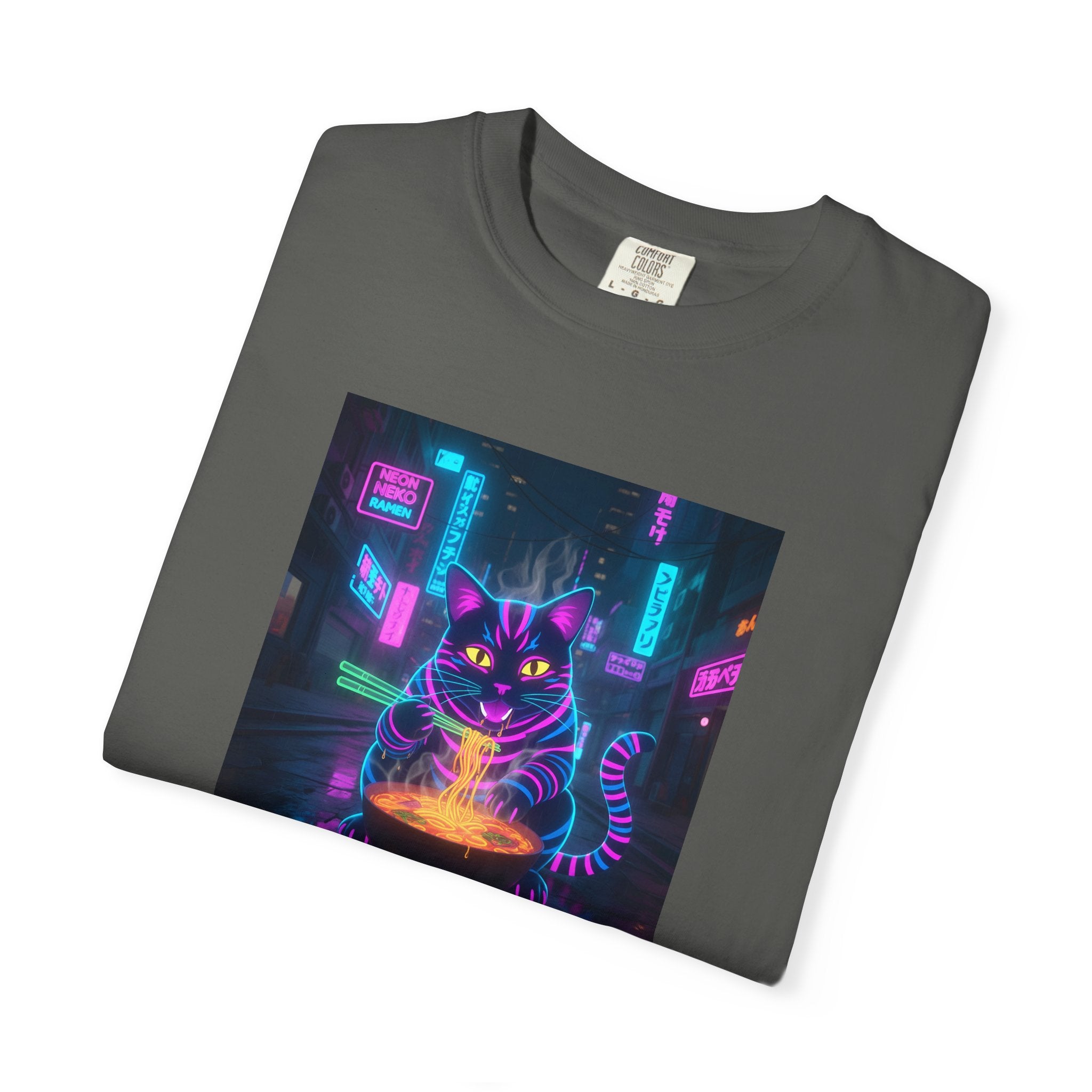 Neon Cyberpunk Cat Mystic Bowl T-shirt | Retro Futuristic Alley Art